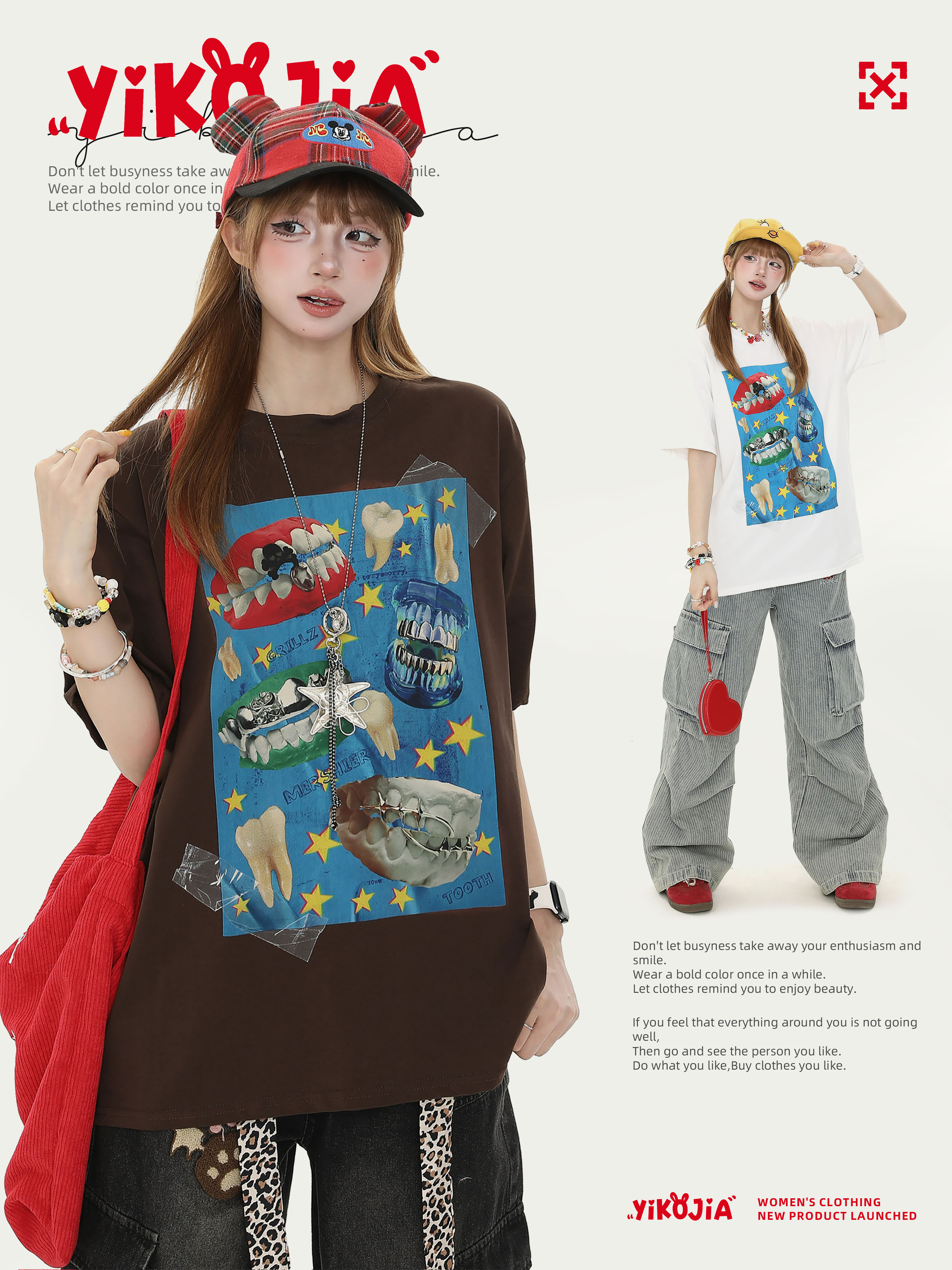 American Retro Fun Teeth Print Short-Sleeve T-Shirt for Women - Summer Loose Casual Versatile Top, Y2K Style