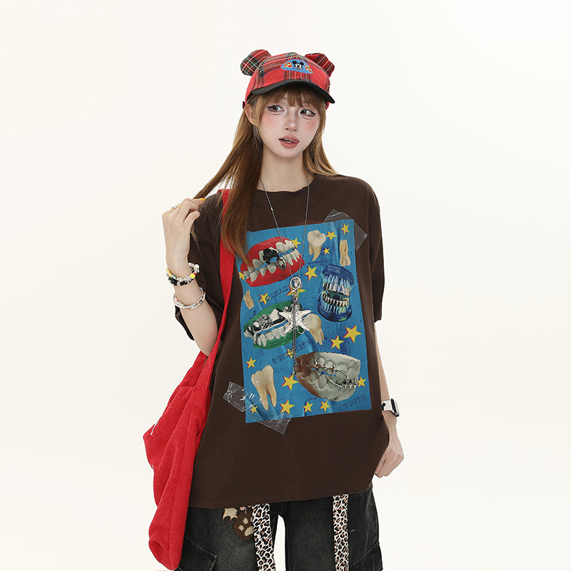 American Retro Fun Teeth Print Short-Sleeve T-Shirt for Women - Summer Loose Casual Versatile Top, Y2K Style American Retro Fun Teeth Print Short-Sleeve T-Shirt for Women - Summer Loose Casual Versatile Top, Y2K Style