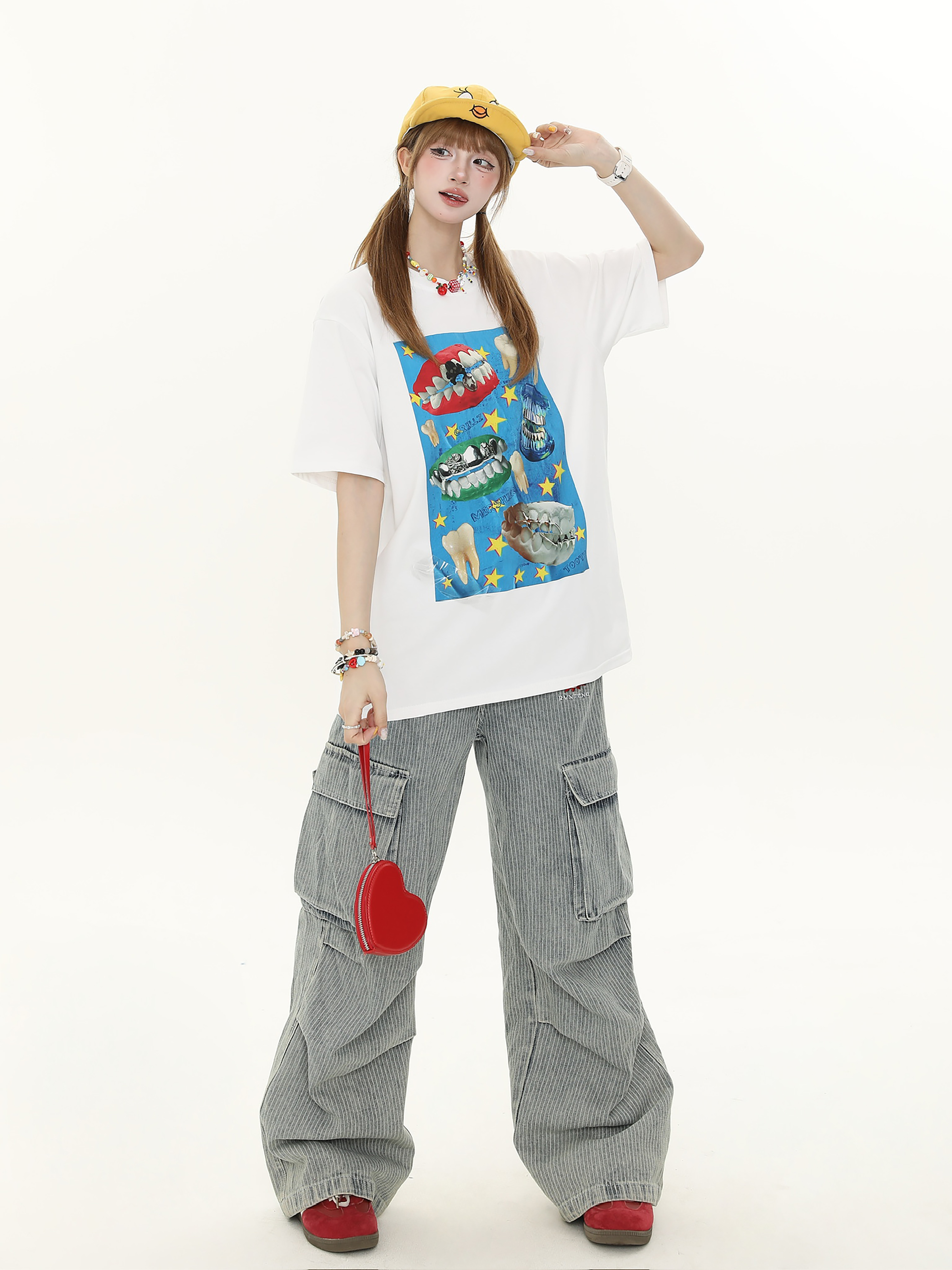 American Retro Fun Teeth Print Short-Sleeve T-Shirt for Women - Summer Loose Casual Versatile Top, Y2K Style American Retro Fun Teeth Print Short-Sleeve T-Shirt for Women - Summer Loose Casual Versatile Top, Y2K Style