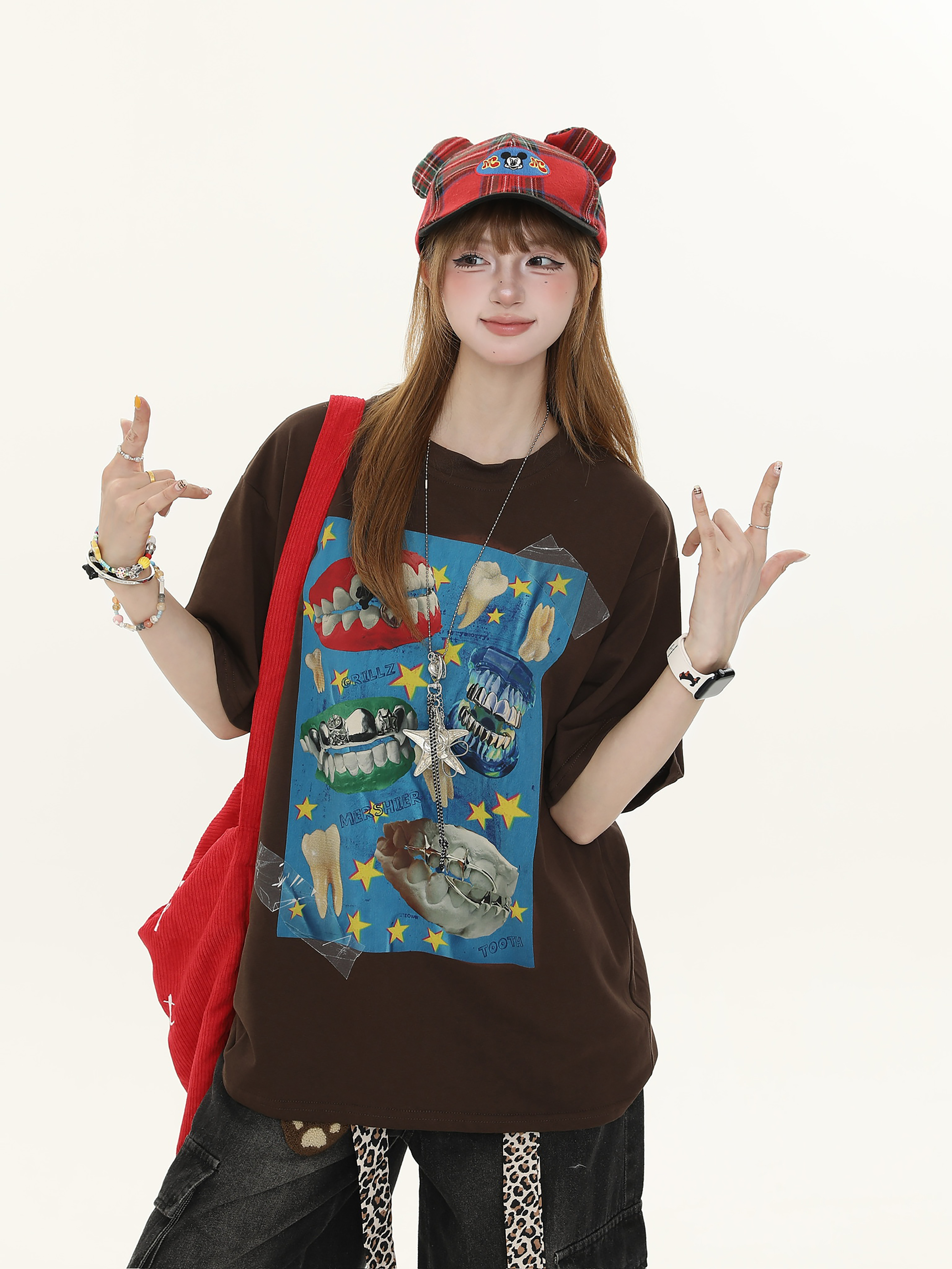 American Retro Fun Teeth Print Short-Sleeve T-Shirt for Women - Summer Loose Casual Versatile Top, Y2K Style American Retro Fun Teeth Print Short-Sleeve T-Shirt for Women - Summer Loose Casual Versatile Top, Y2K Style