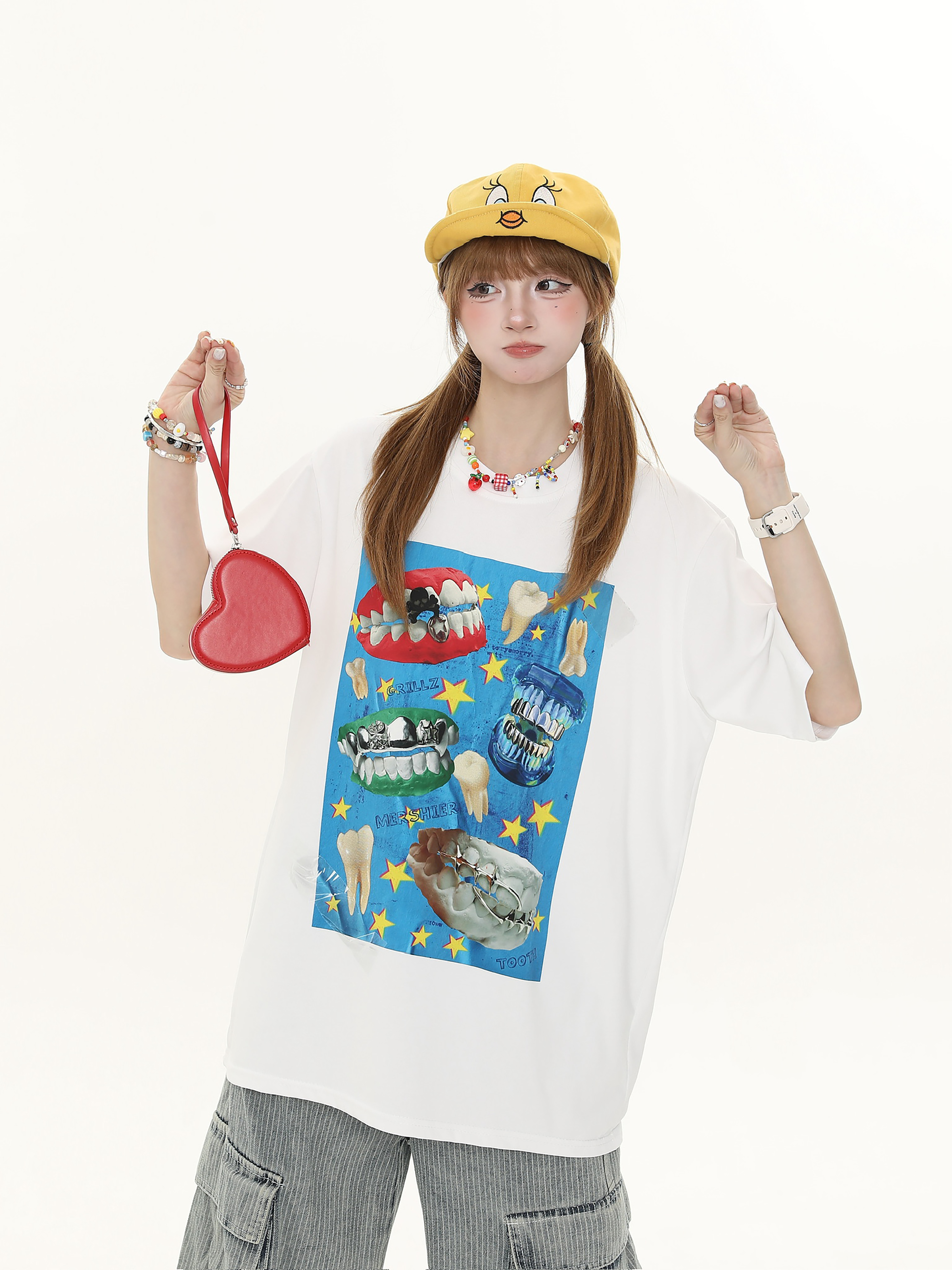 American Retro Fun Teeth Print Short-Sleeve T-Shirt for Women - Summer Loose Casual Versatile Top, Y2K Style American Retro Fun Teeth Print Short-Sleeve T-Shirt for Women - Summer Loose Casual Versatile Top, Y2K Style