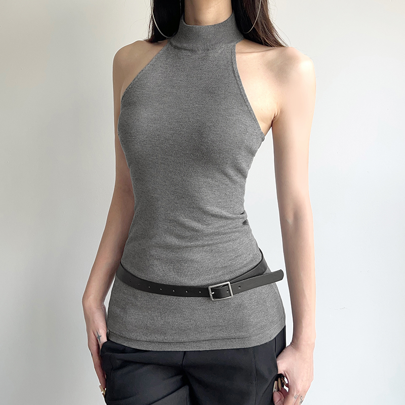 American Retro Halter Gray Knitted Vest for Women, Slim Fit Backless Mid-Length Sleeveless Top, Y2K Style