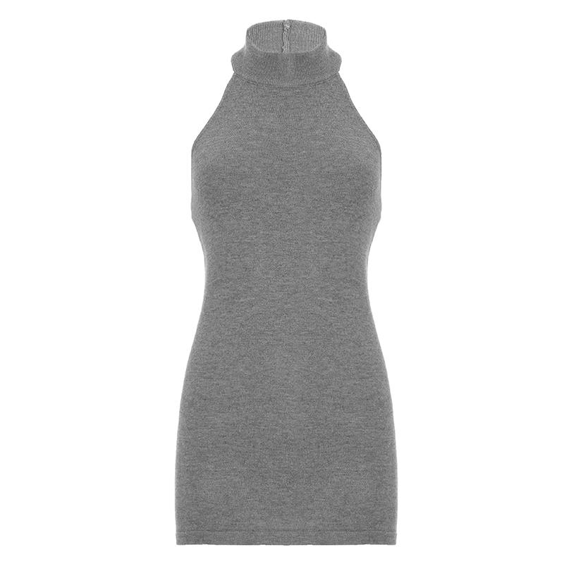 American Retro Halter Gray Knitted Vest for Women, Slim Fit Backless Mid-Length Sleeveless Top, Y2K Style