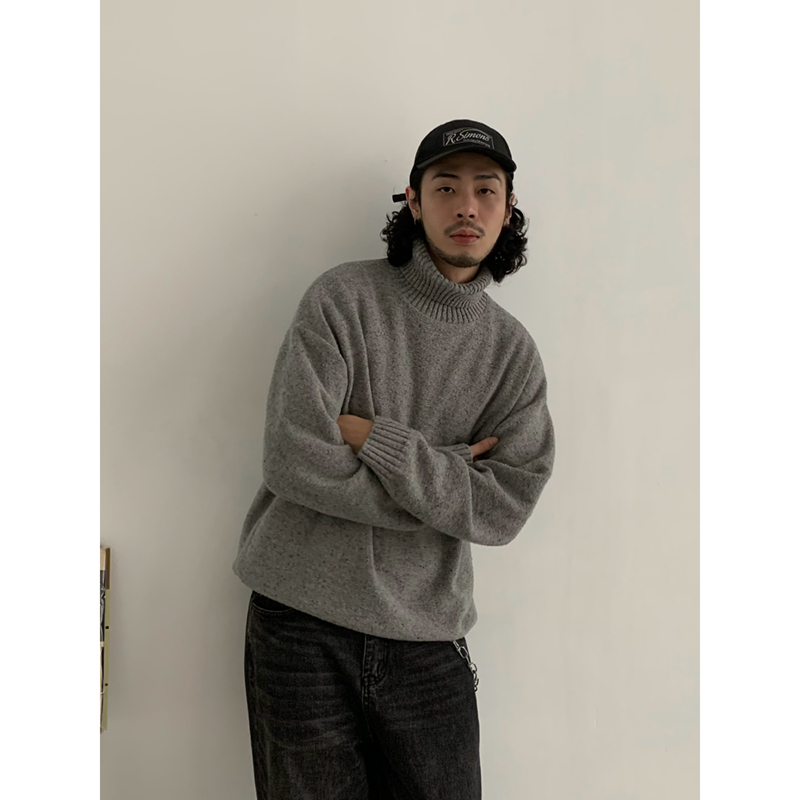 American Retro High-Neck Wool Knitted Sweater for Men, Loose Fit Japanese Style Pullover, Trendy Solid Color Fashion Top