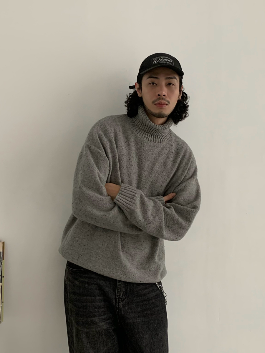 American Retro High-Neck Wool Knitted Sweater for Men, Loose Fit Japanese Style Pullover, Trendy Solid Color Fashion Top