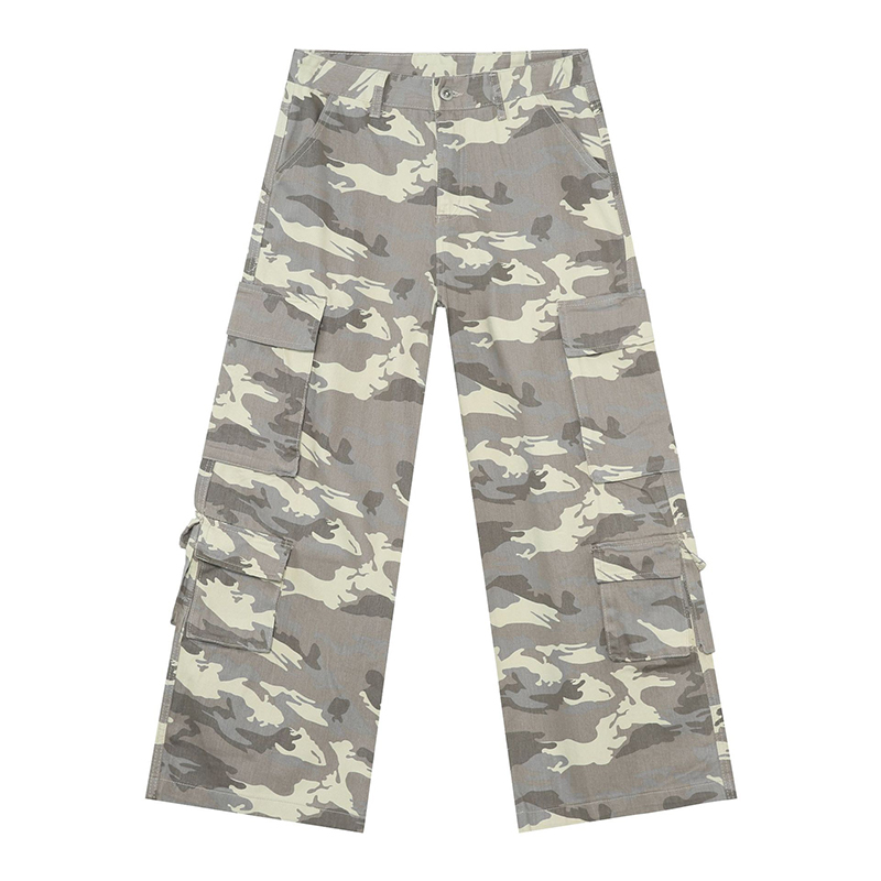 American Retro High Street Camo Pocket Cargo Pants - Wide-Leg Loose Fit Casual Style for Trendy 90s Aesthetic