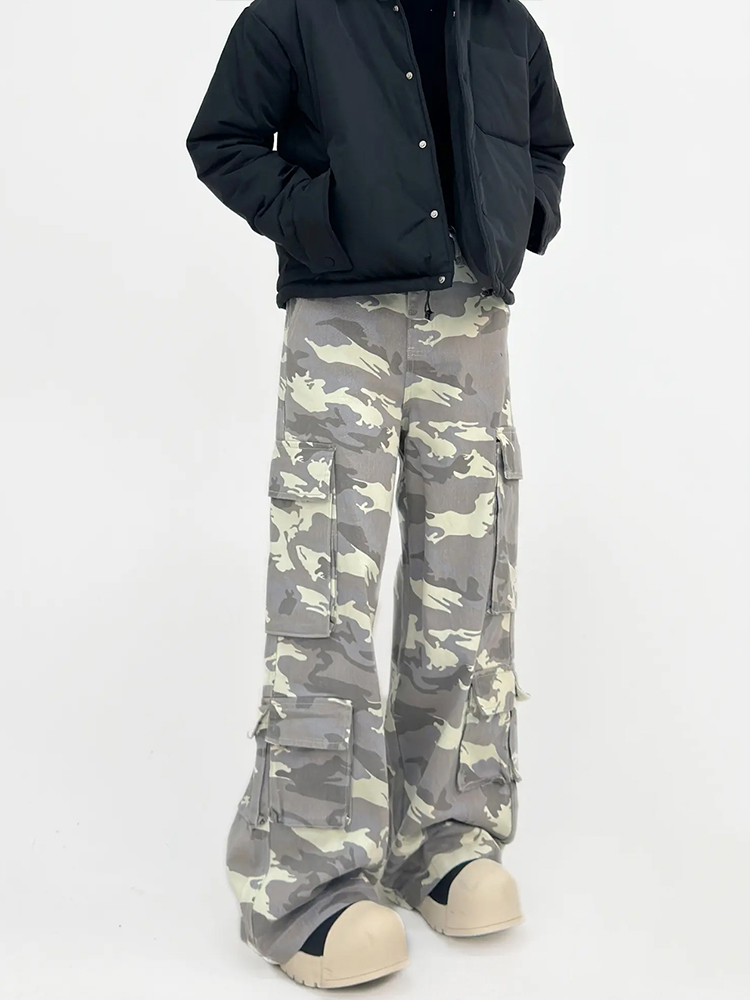 American Retro High Street Camo Pocket Cargo Pants - Wide-Leg Loose Fit Casual Style for Trendy 90s Aesthetic