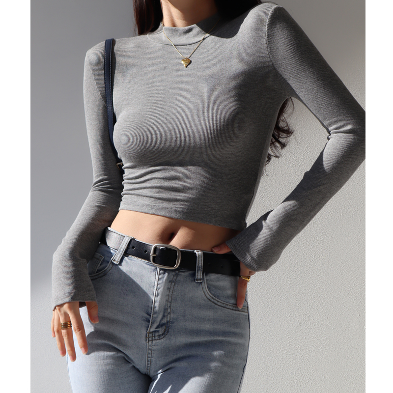 American Retro High-Waist Slimming Short Sleeve T-Shirt with Stand Collar for Women - Leg-Lengthening Round Neck Top American Retro High-Waist Slimming Short Sleeve T-Shirt with Stand Collar for Women - Leg-Lengthening Round Neck Top