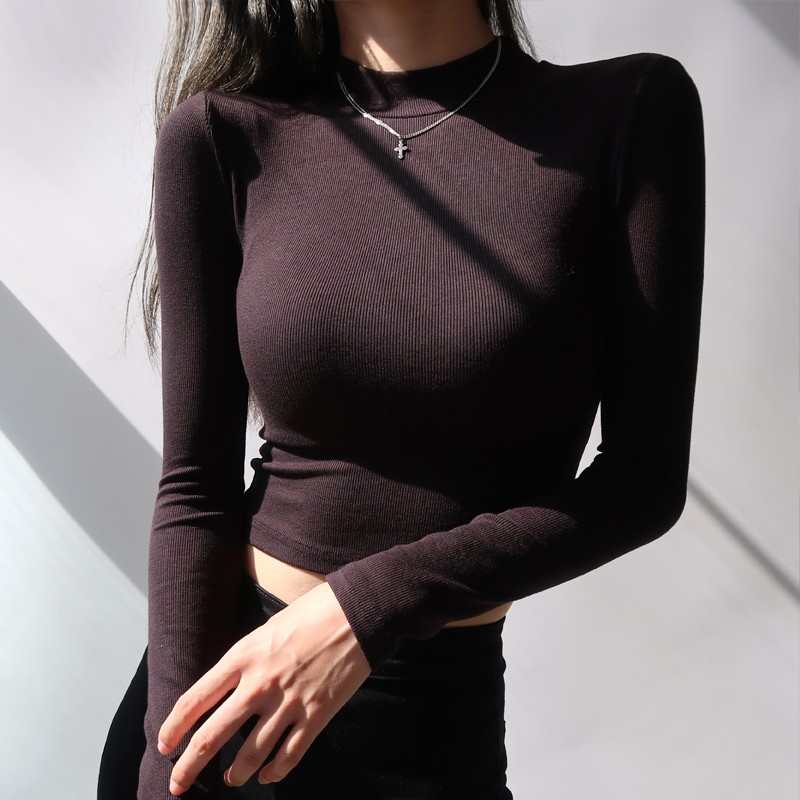 American Retro High-Waist Slimming Short Sleeve T-Shirt with Stand Collar for Women - Leg-Lengthening Round Neck Top