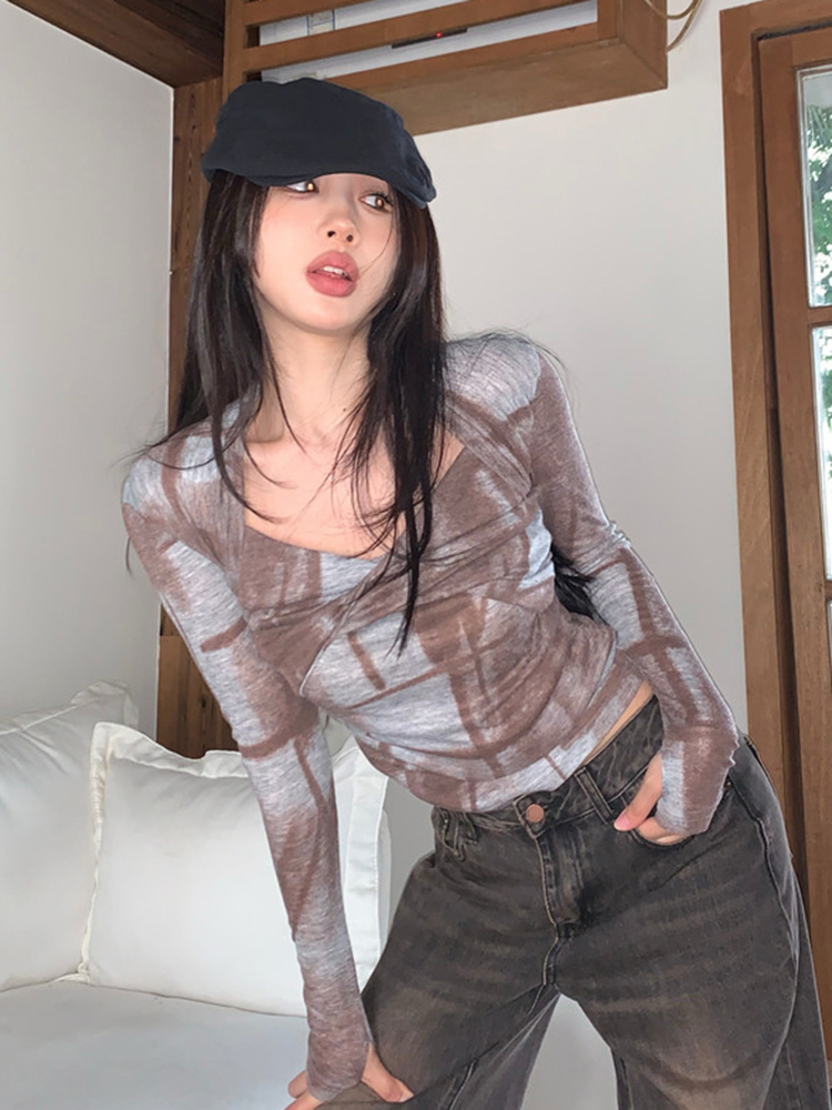 American Retro Jazz Dance Top for Women, Wasteland Style Long Sleeve Cropped Base Layer, K-Pop Music Festival Outfit American Retro Jazz Dance Top for Women, Wasteland Style Long Sleeve Cropped Base Layer, K-Pop Music Festival Outfit