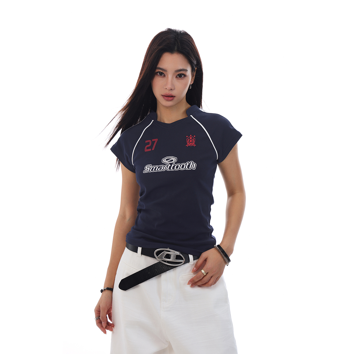 American Retro Jersey Short-Sleeve T-Shirt for Women - Summer Slim Fit Sports Casual Top, Y2K Style