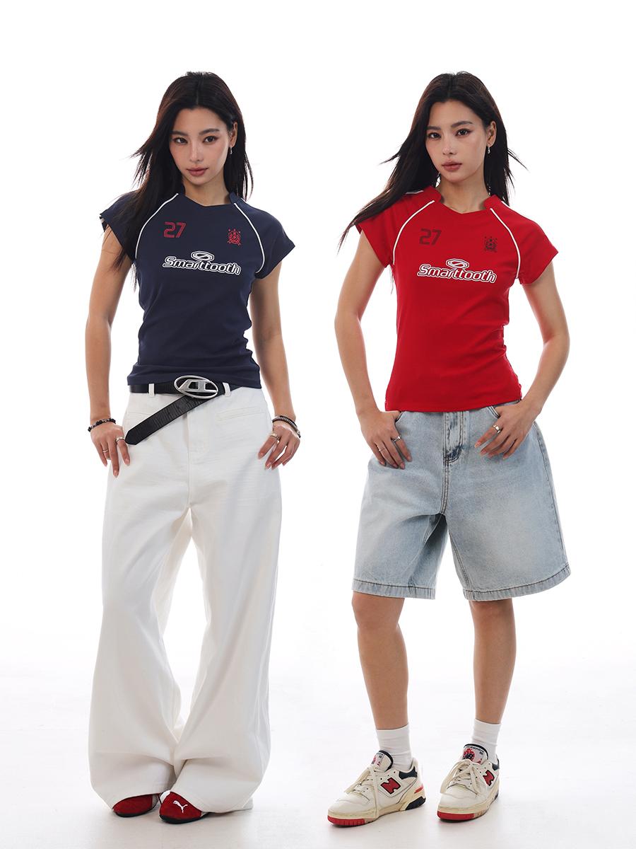 American Retro Jersey Short-Sleeve T-Shirt for Women - Summer Slim Fit Sports Casual Top, Y2K Style American Retro Jersey Short-Sleeve T-Shirt for Women - Summer Slim Fit Sports Casual Top, Y2K Style