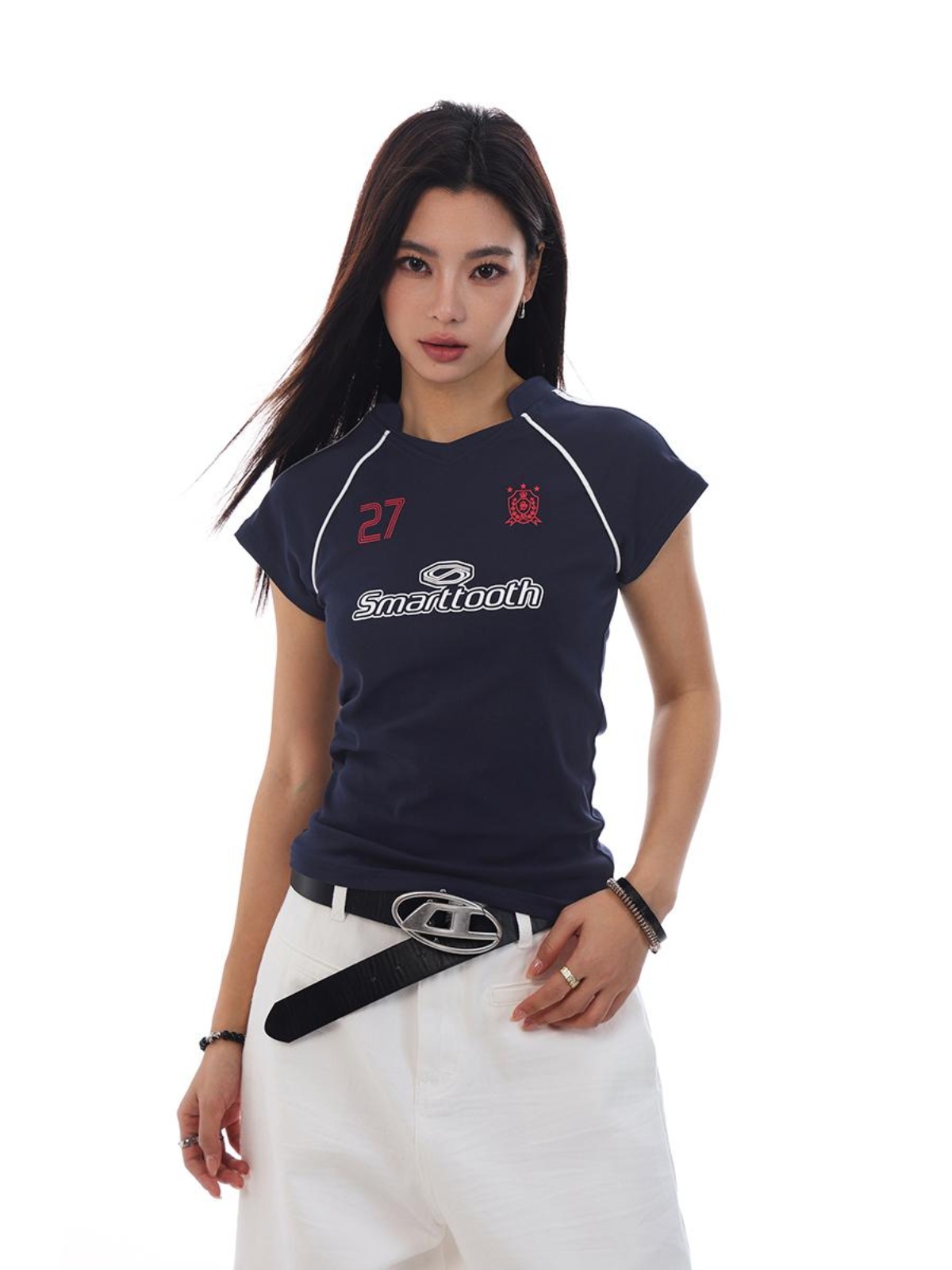 American Retro Jersey Short-Sleeve T-Shirt for Women - Summer Slim Fit Sports Casual Top, Y2K Style