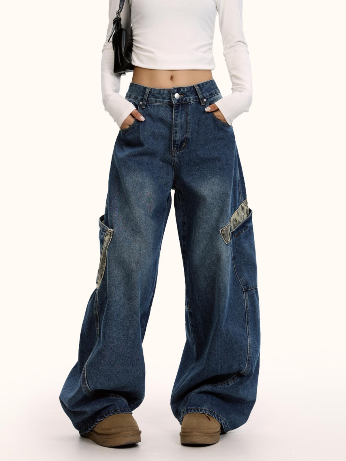 American Retro Leopard Print Spliced Curved Knife Denim Pants Unisex Hip-Hop Loose Wide-Leg Trousers American Retro Leopard Print Spliced Curved Knife Denim Pants Unisex Hip-Hop Loose Wide-Leg Trousers