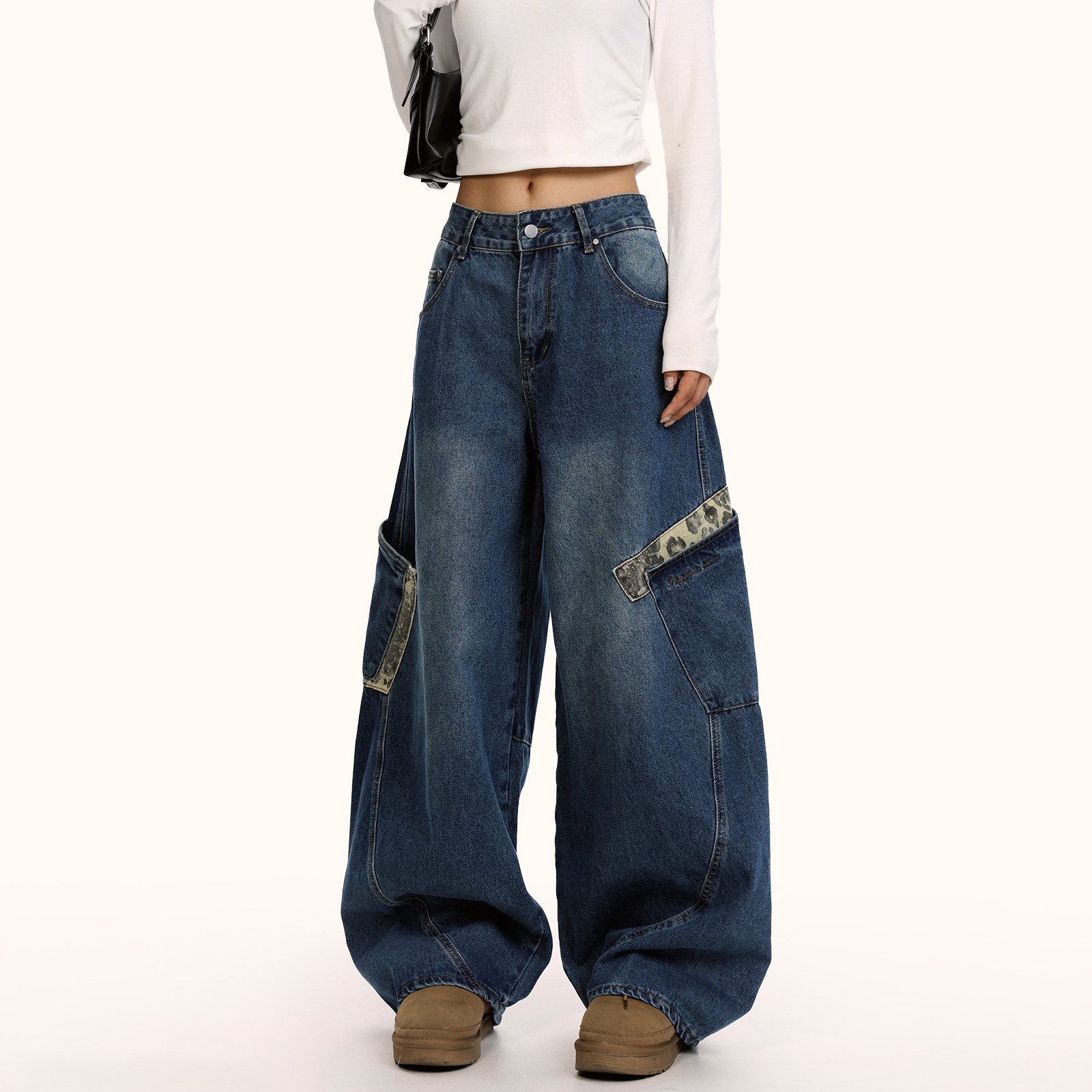 American Retro Leopard Print Spliced Curved Knife Denim Pants Unisex Hip-Hop Loose Wide-Leg Trousers