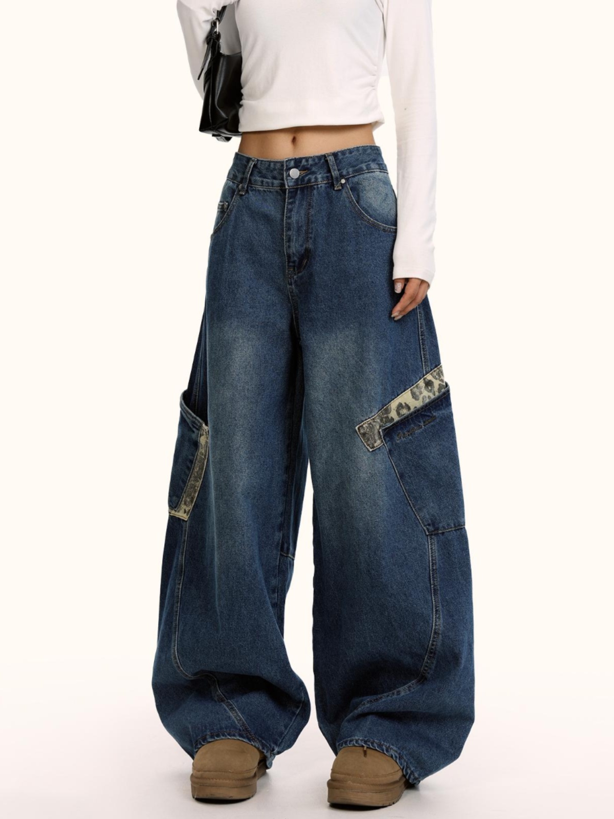 American Retro Leopard Print Spliced Curved Knife Denim Pants Unisex Hip-Hop Loose Wide-Leg Trousers