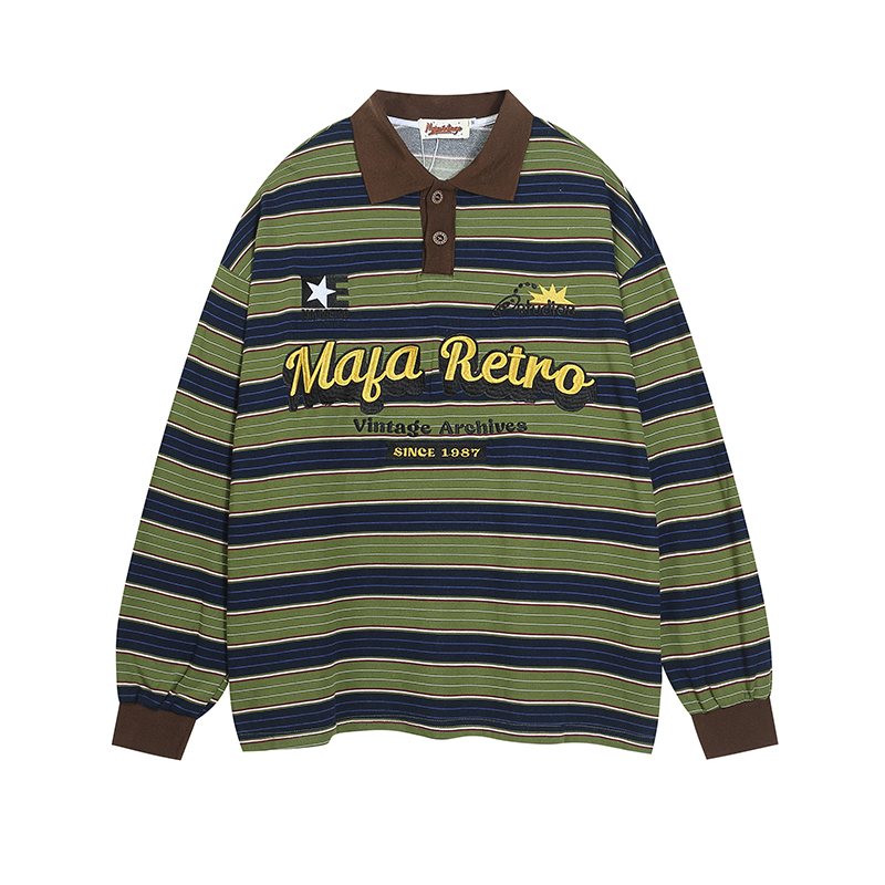 American Retro Letter Embroidery Color-Block Striped Long-Sleeve Polo Shirt for Women - Loose Fit Spring Pullover Top