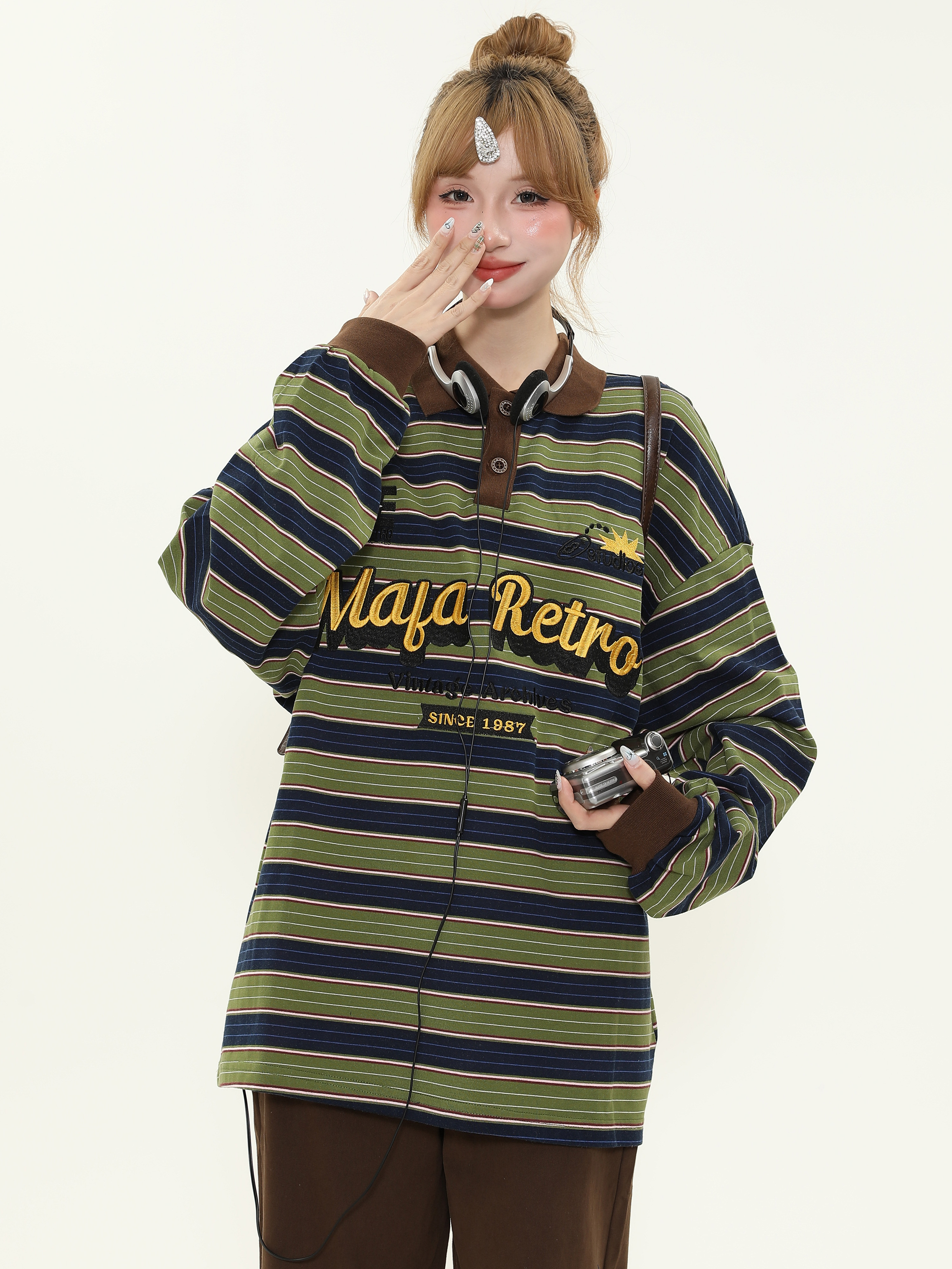 American Retro Letter Embroidery Color-Block Striped Long-Sleeve Polo Shirt for Women - Loose Fit Spring Pullover Top