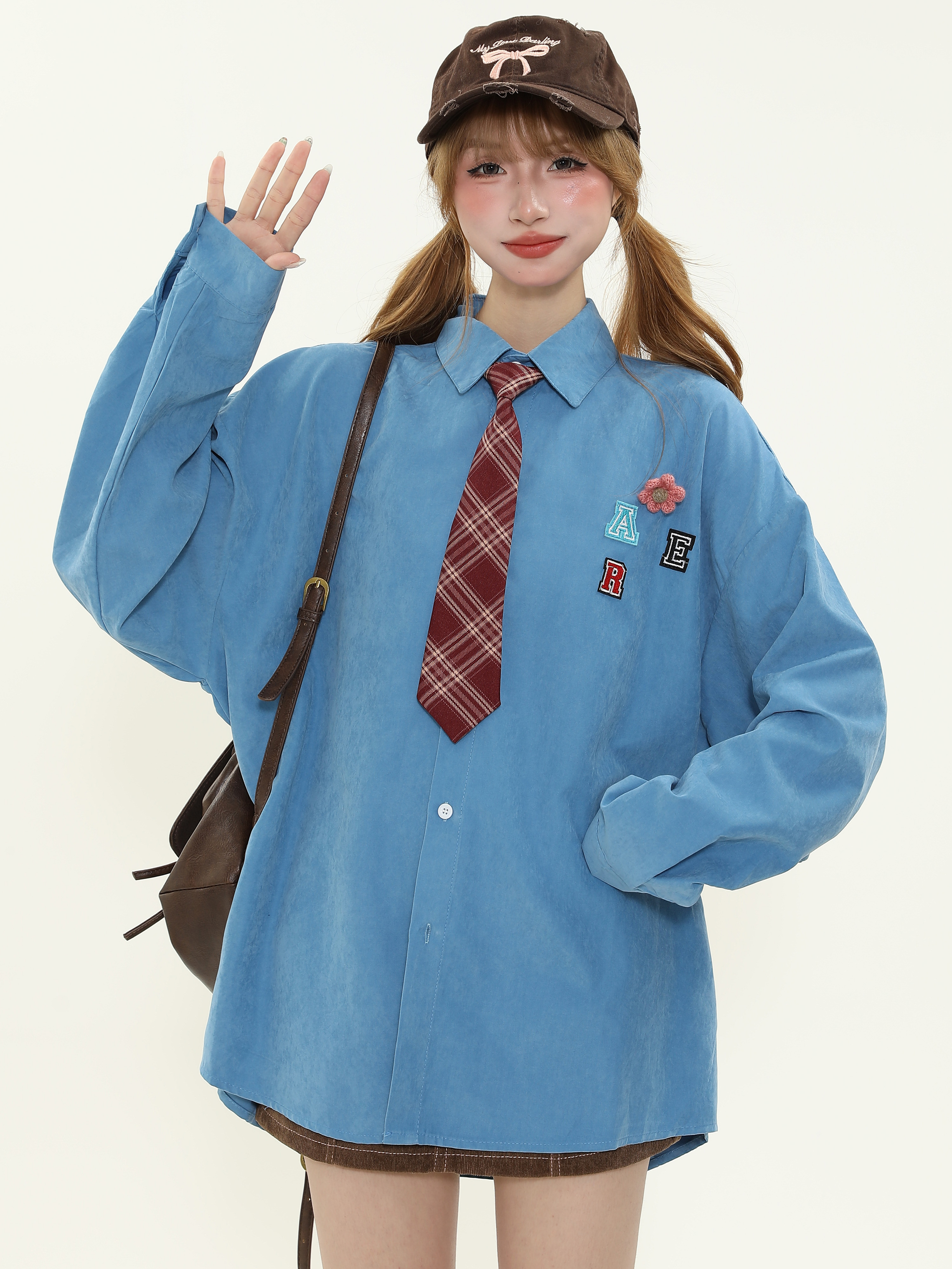 American Retro Letter Patch Embroidered Long Sleeve Shirt for Men & Women - Loose Versatile Couple's Shirt with Tie