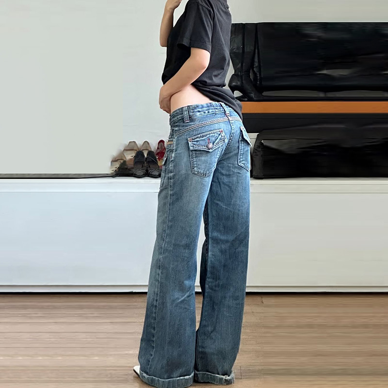 American Retro Low-Rise Distressed Straight-Leg Jeans with Pocket Design - Slimming Versatile Pants for Spicy Girl Style American Retro Low-Rise Distressed Straight-Leg Jeans with Pocket Design - Slimming Versatile Pants for Spicy Girl Style