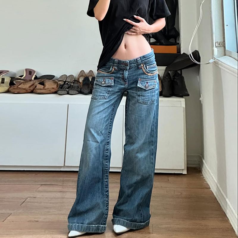 American Retro Low-Rise Distressed Straight-Leg Jeans with Pocket Design - Slimming Versatile Pants for Spicy Girl Style American Retro Low-Rise Distressed Straight-Leg Jeans with Pocket Design - Slimming Versatile Pants for Spicy Girl Style