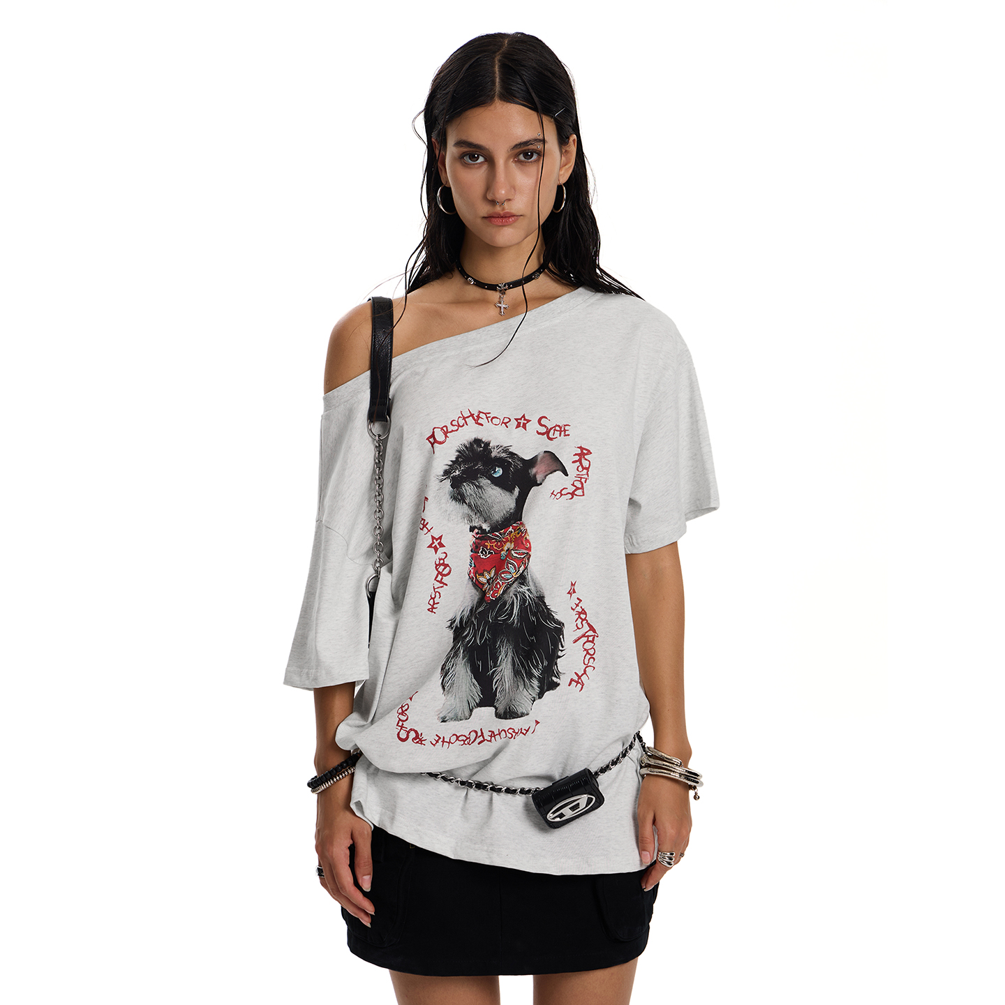 American Retro Off-Shoulder Asymmetrical T-Shirt for Small Dogs - Summer Loose Fit Slanted Shoulder Top with Short Sleeves