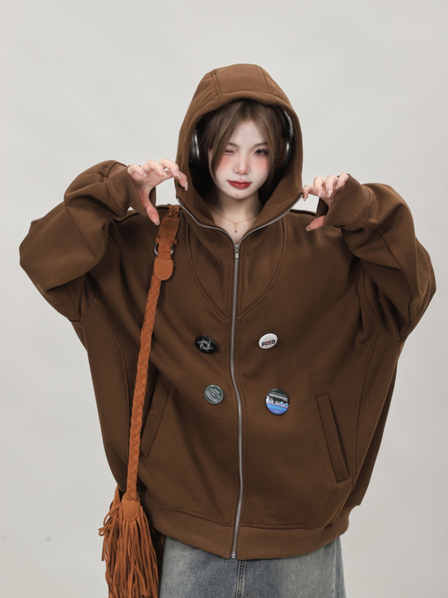 American Retro Oversized High-Neck Zip-Up Cardigan Sweatshirt for Women - Trendy Spring Autumn Hoodie Top 2025