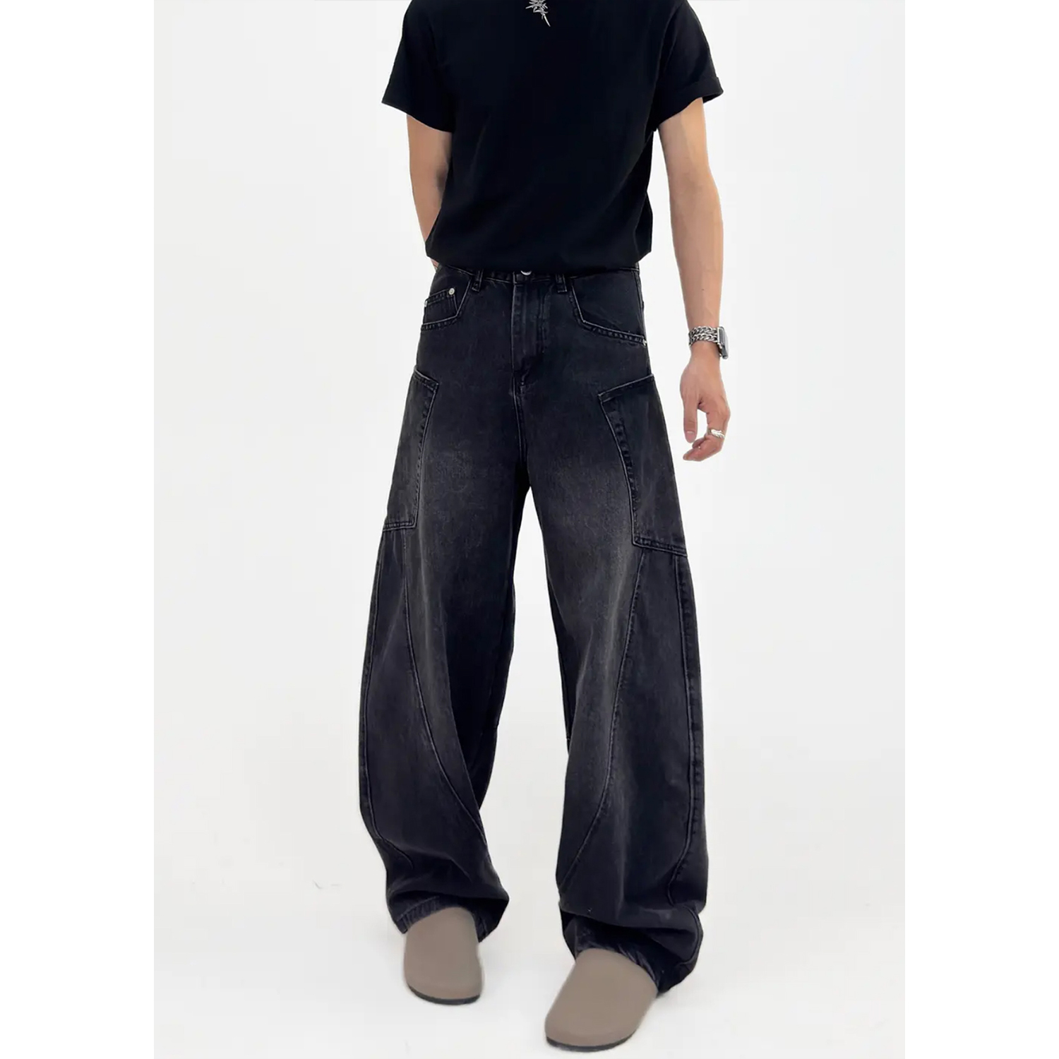 American Retro Patchwork Curved Blade Silhouette Jeans, Unisex Korean Style Mid-Rise Wide-Leg Pants American Retro Patchwork Curved Blade Silhouette Jeans, Unisex Korean Style Mid-Rise Wide-Leg Pants