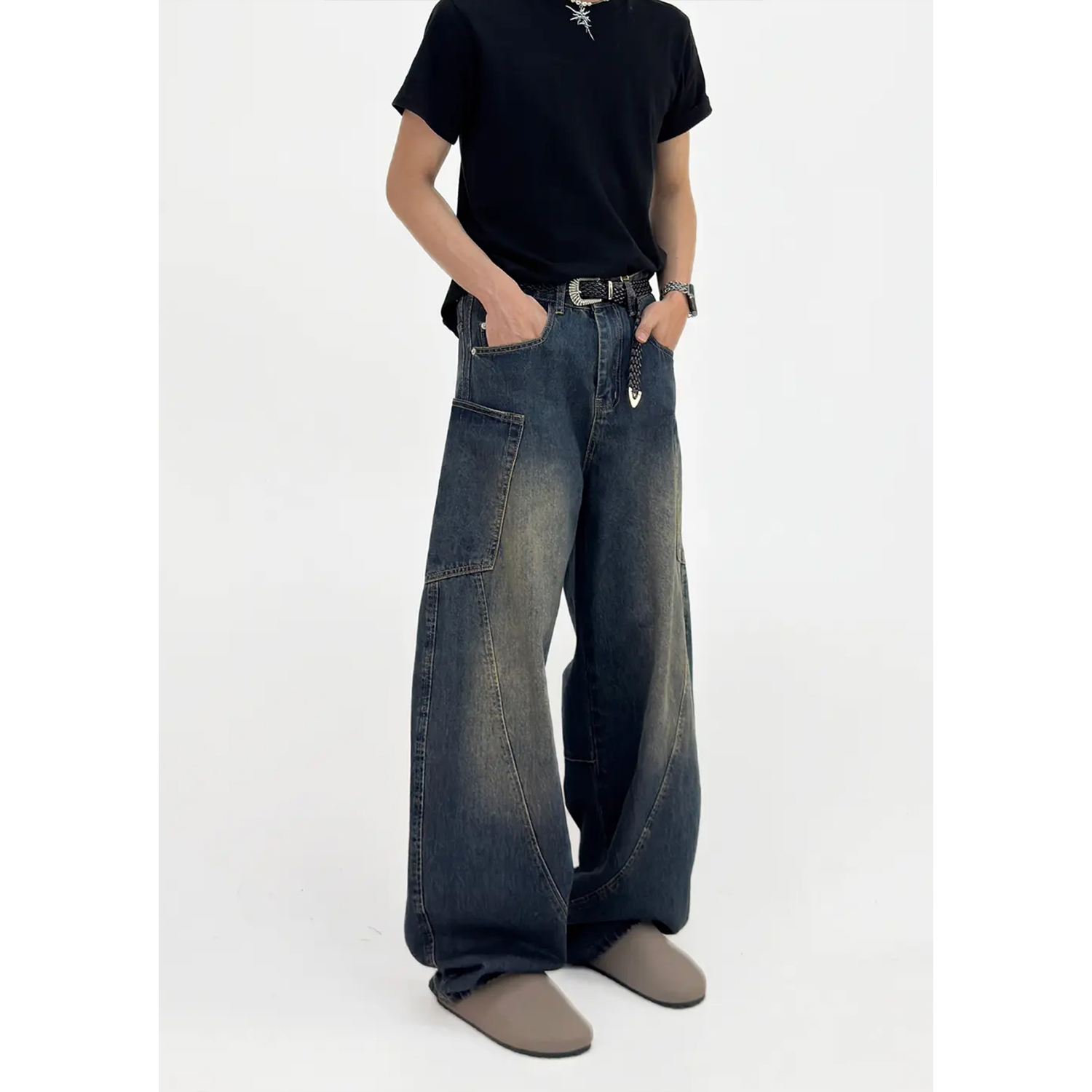 American Retro Patchwork Curved Blade Silhouette Jeans, Unisex Korean Style Mid-Rise Wide-Leg Pants