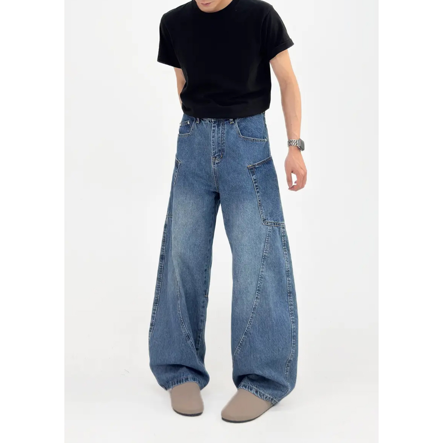 American Retro Patchwork Curved Blade Silhouette Jeans, Unisex Korean Style Mid-Rise Wide-Leg Pants American Retro Patchwork Curved Blade Silhouette Jeans, Unisex Korean Style Mid-Rise Wide-Leg Pants