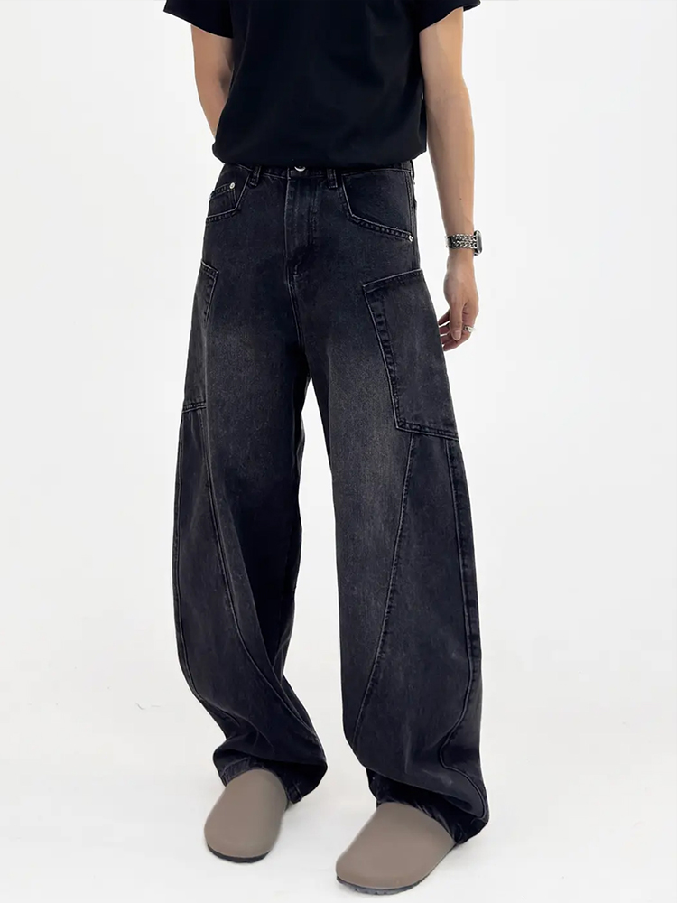 American Retro Patchwork Curved Blade Silhouette Jeans, Unisex Korean Style Mid-Rise Wide-Leg Pants American Retro Patchwork Curved Blade Silhouette Jeans, Unisex Korean Style Mid-Rise Wide-Leg Pants