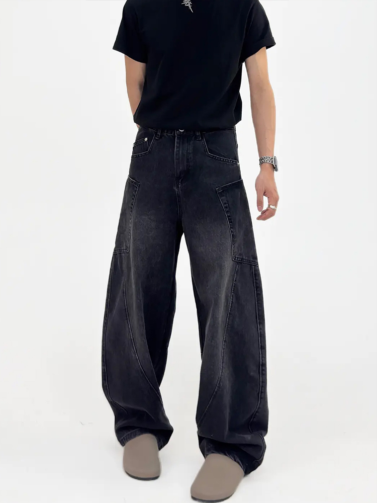 American Retro Patchwork Curved Blade Silhouette Jeans, Unisex Korean Style Mid-Rise Wide-Leg Pants American Retro Patchwork Curved Blade Silhouette Jeans, Unisex Korean Style Mid-Rise Wide-Leg Pants