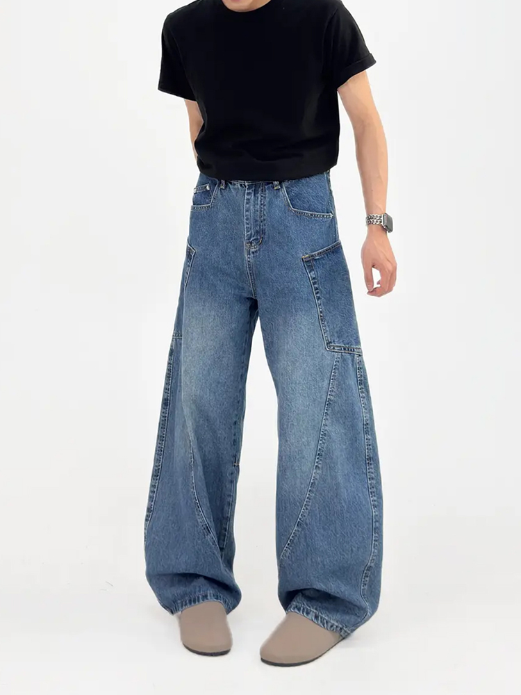 American Retro Patchwork Curved Blade Silhouette Jeans, Unisex Korean Style Mid-Rise Wide-Leg Pants American Retro Patchwork Curved Blade Silhouette Jeans, Unisex Korean Style Mid-Rise Wide-Leg Pants