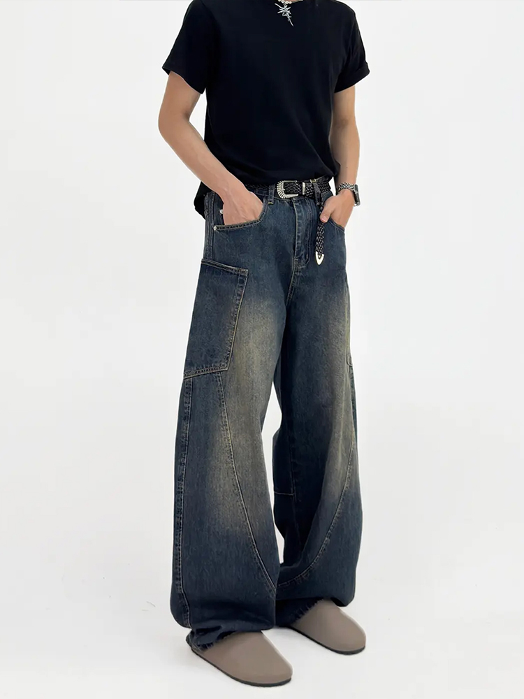 American Retro Patchwork Curved Blade Silhouette Jeans, Unisex Korean Style Mid-Rise Wide-Leg Pants