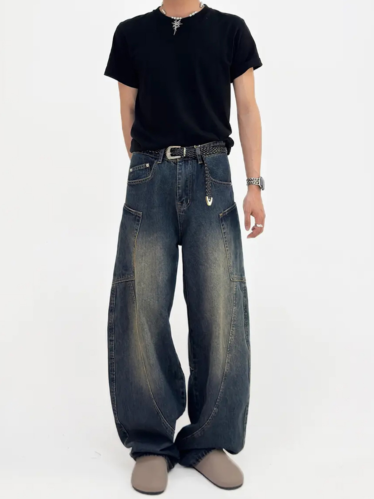 American Retro Patchwork Curved Blade Silhouette Jeans, Unisex Korean Style Mid-Rise Wide-Leg Pants American Retro Patchwork Curved Blade Silhouette Jeans, Unisex Korean Style Mid-Rise Wide-Leg Pants