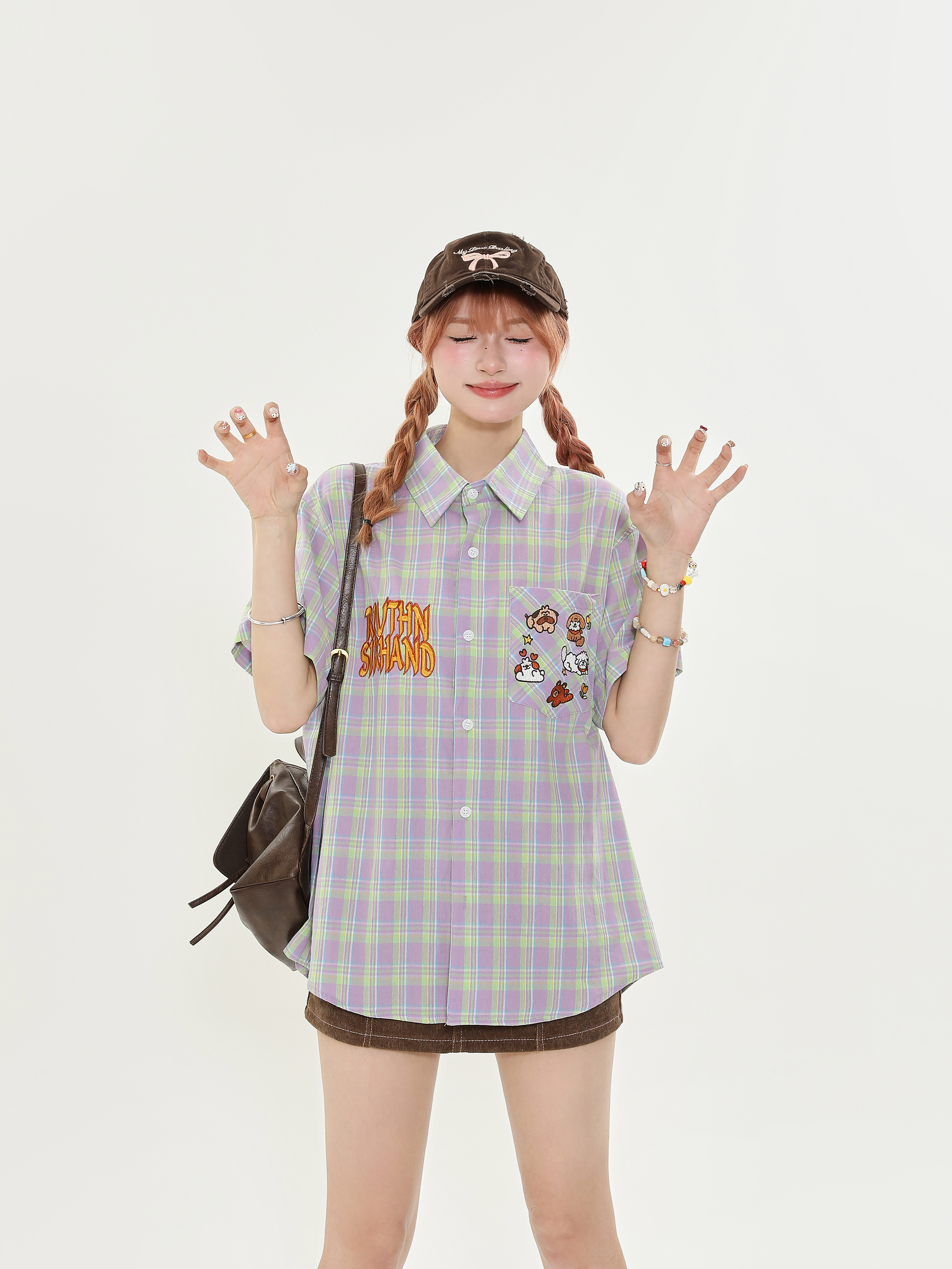 American Retro Plaid Dog Embroidery Short Sleeve Shirt for Men and Women, Versatile Loose-Fit College Style Top