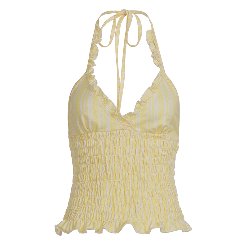 American Retro Pleated Waist Cinched Halter Sleeveless Top with Lace for Women - Spicy Girl Style, Y2K Fashion