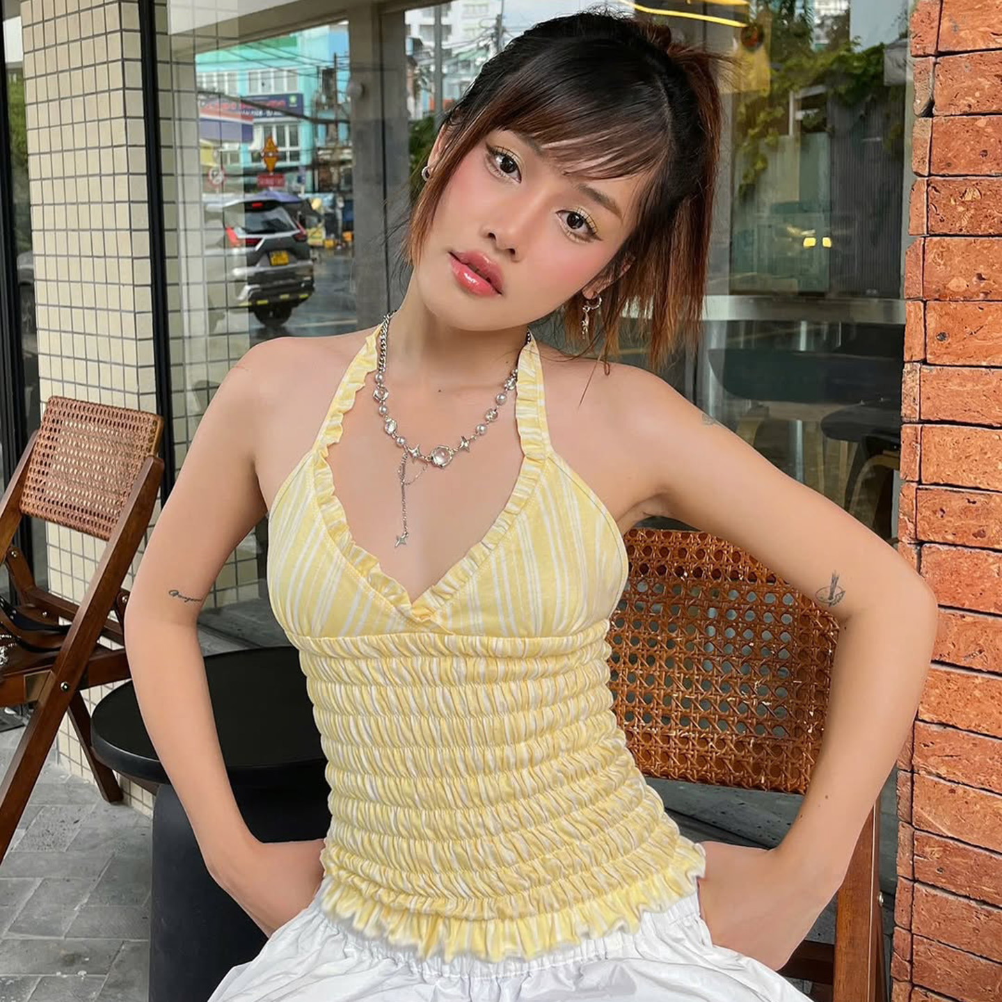 American Retro Pleated Waist Cinched Halter Sleeveless Top with Lace for Women - Spicy Girl Style, Y2K Fashion American Retro Pleated Waist Cinched Halter Sleeveless Top with Lace for Women - Spicy Girl Style, Y2K Fashion