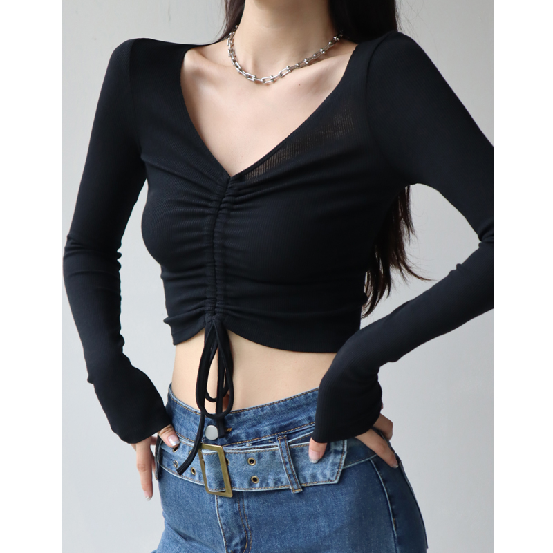 American Retro Sexy V-Neck Long Sleeve Cropped T-Shirt with Drawstring, Slim-Fit High-Waisted Style for Women, Y2K Fashion