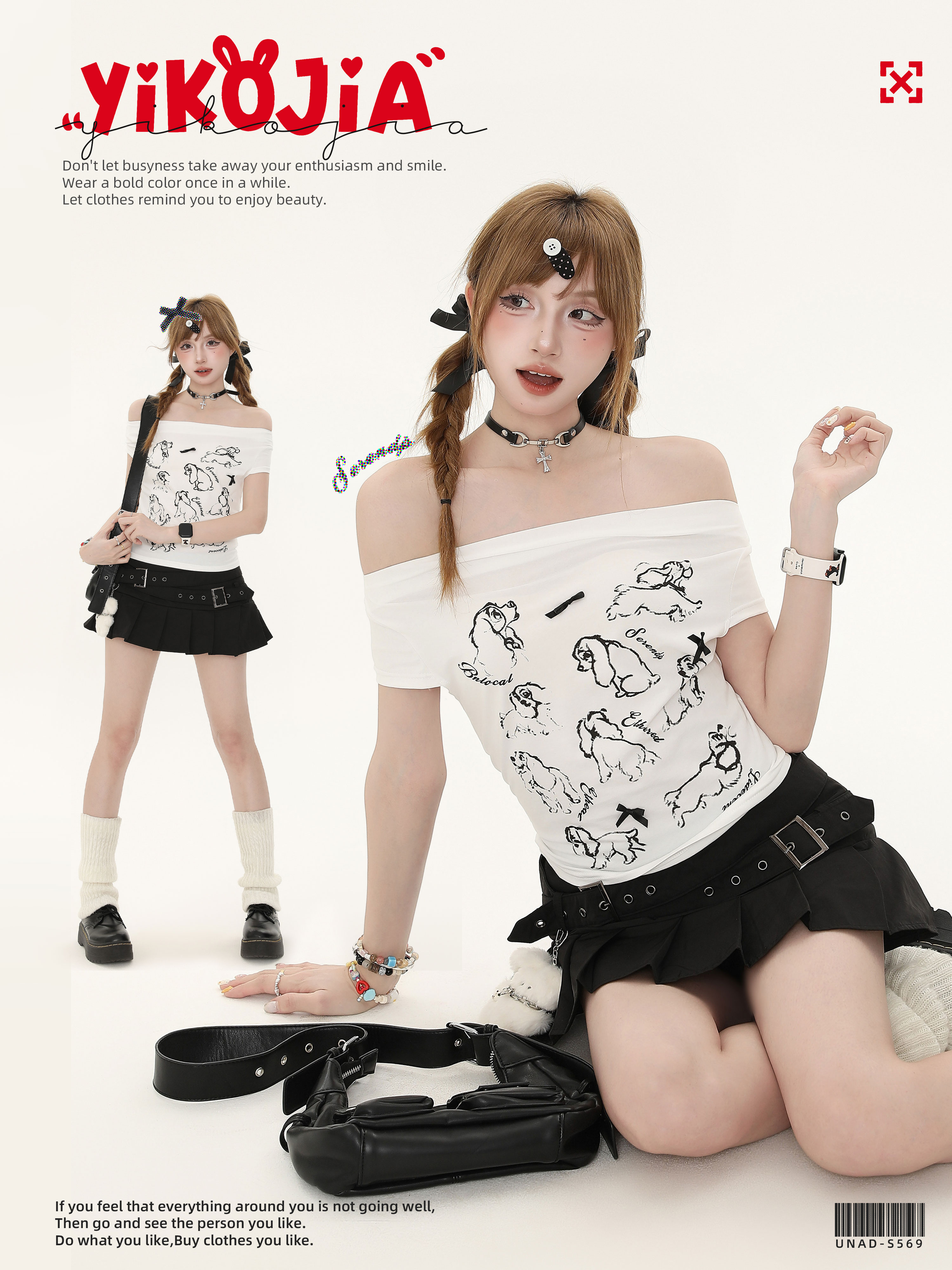 American Retro Slant Shoulder Short Sleeve T-Shirt for Women - Fun Small Dog Print - Summer Niche Straight Top