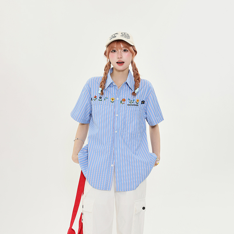 American Retro Striped Embroidered Short Sleeve Shirt for Women - Summer Loose Casual Slimming Versatile Blouse