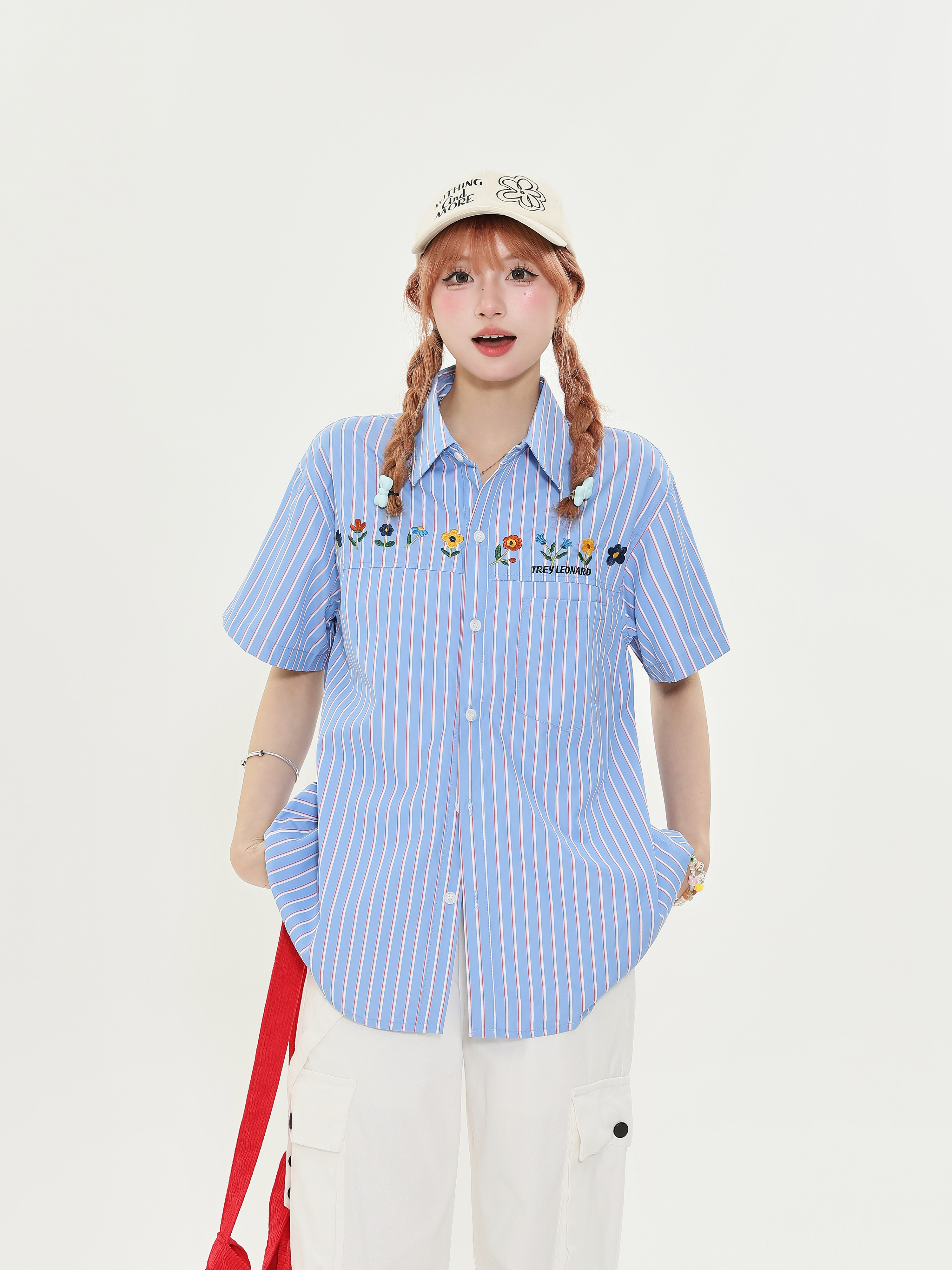 American Retro Striped Embroidered Short Sleeve Shirt for Women - Summer Loose Casual Slimming Versatile Blouse American Retro Striped Embroidered Short Sleeve Shirt for Women - Summer Loose Casual Slimming Versatile Blouse