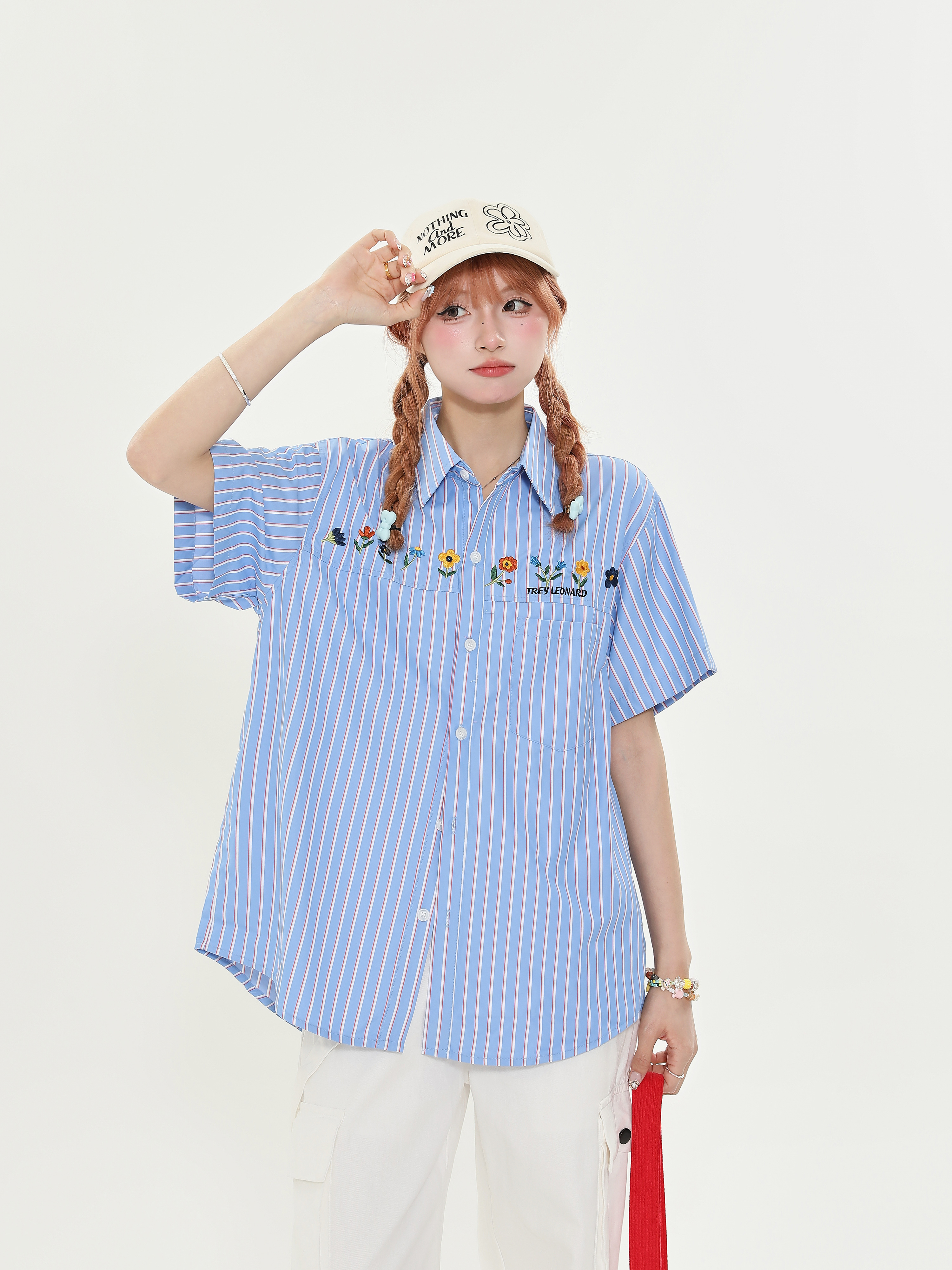 American Retro Striped Embroidered Short Sleeve Shirt for Women - Summer Loose Casual Slimming Versatile Blouse