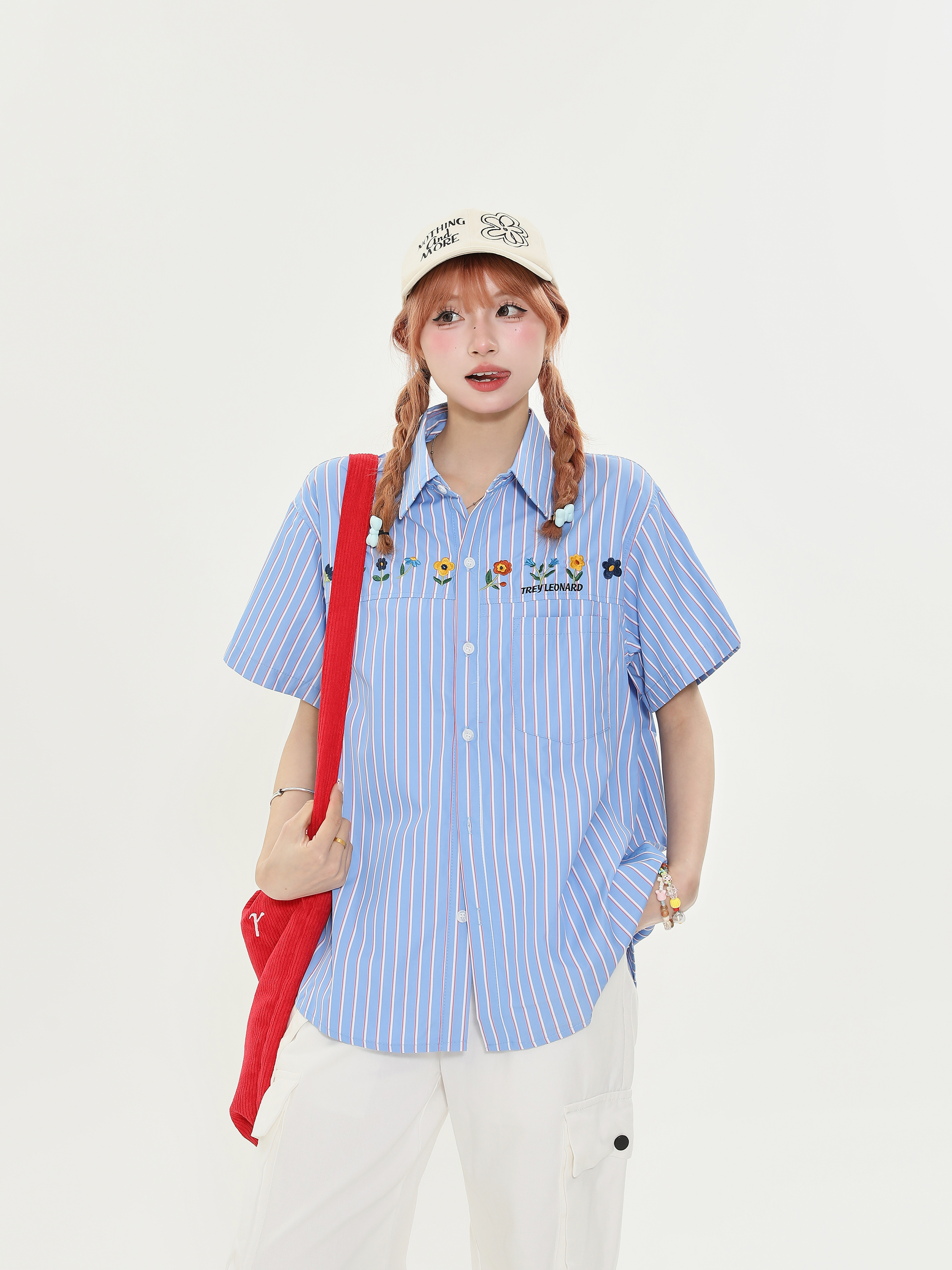 American Retro Striped Embroidered Short Sleeve Shirt for Women - Summer Loose Casual Slimming Versatile Blouse American Retro Striped Embroidered Short Sleeve Shirt for Women - Summer Loose Casual Slimming Versatile Blouse