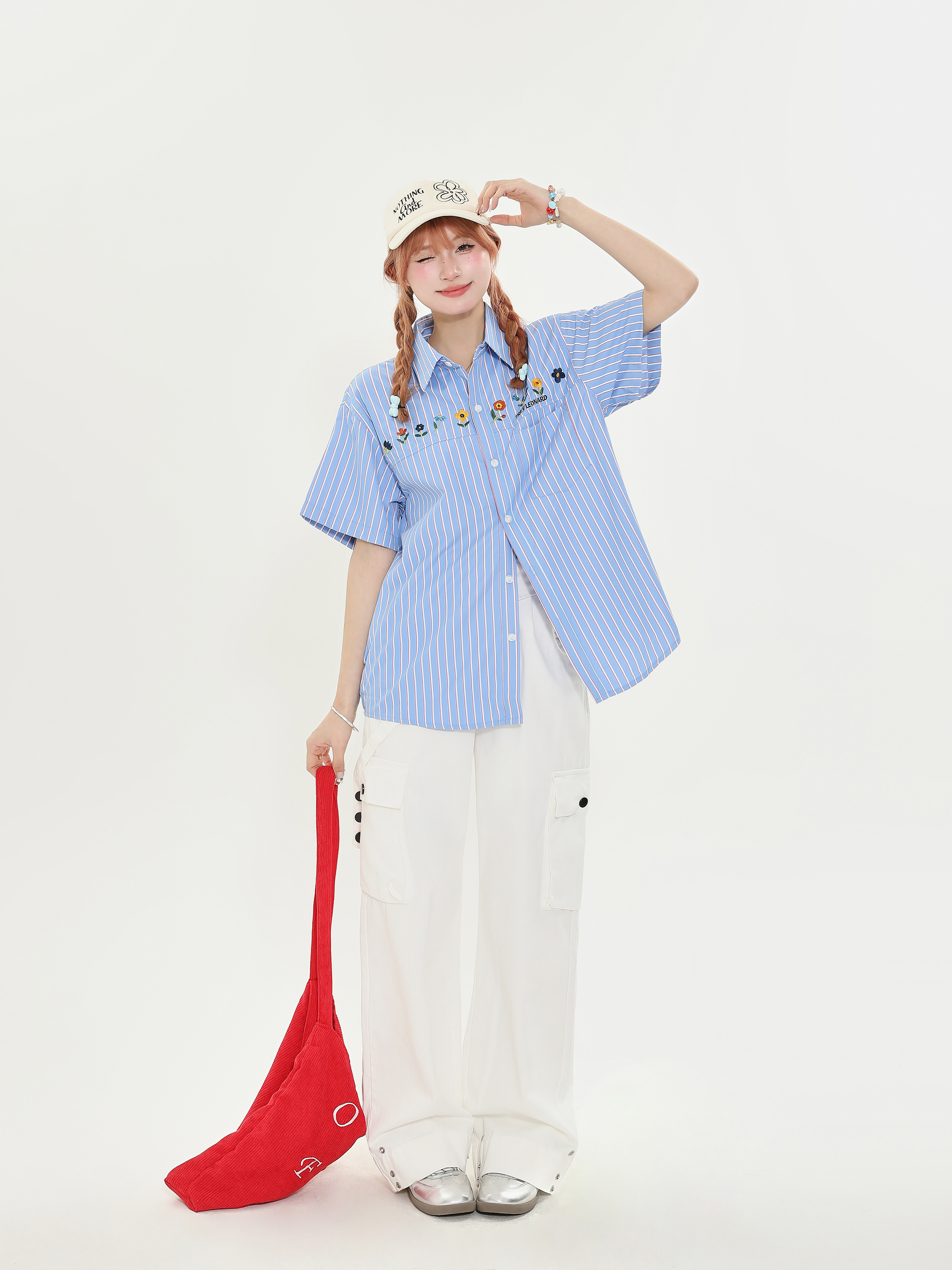 American Retro Striped Embroidered Short Sleeve Shirt for Women - Summer Loose Casual Slimming Versatile Blouse American Retro Striped Embroidered Short Sleeve Shirt for Women - Summer Loose Casual Slimming Versatile Blouse