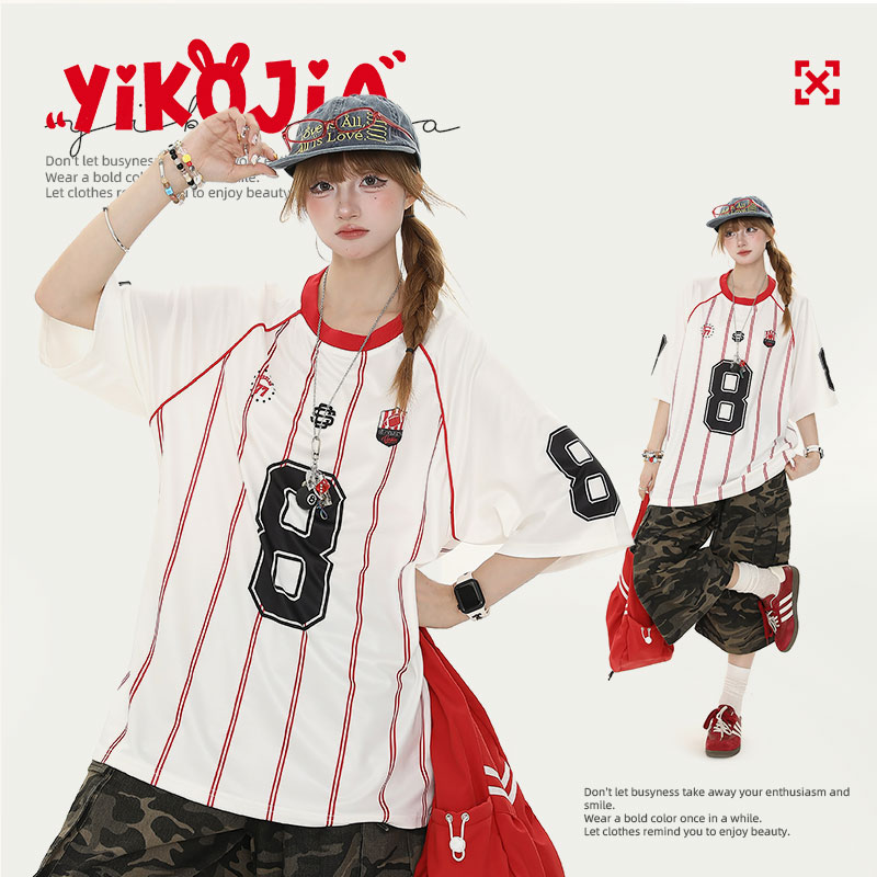 American Retro Striped Raglan Short Sleeve T-Shirt for Women - Summer Loose Casual Top, Vintage Style