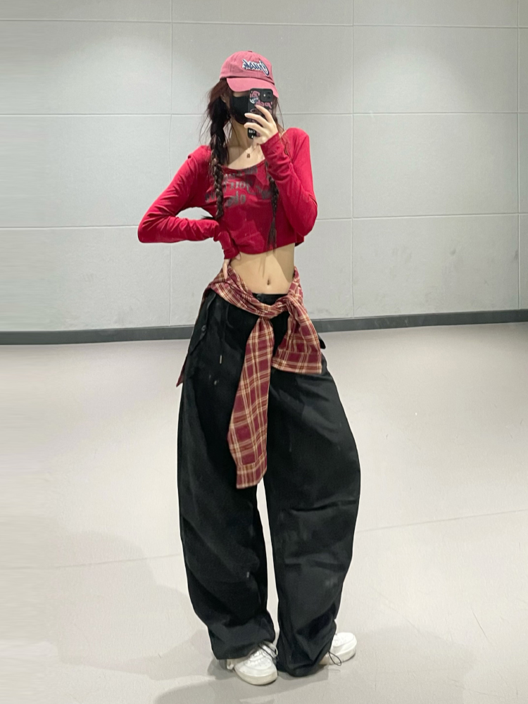 American Retro Wine Red Letter Print Long Sleeve T-Shirt - Women's Jazz Dance INS Style Short Top American Retro Wine Red Letter Print Long Sleeve T-Shirt - Women's Jazz Dance INS Style Short Top