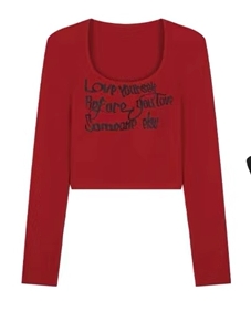 American Retro Wine Red Letter Print Long Sleeve T-Shirt - Women's Jazz Dance INS Style Short Top