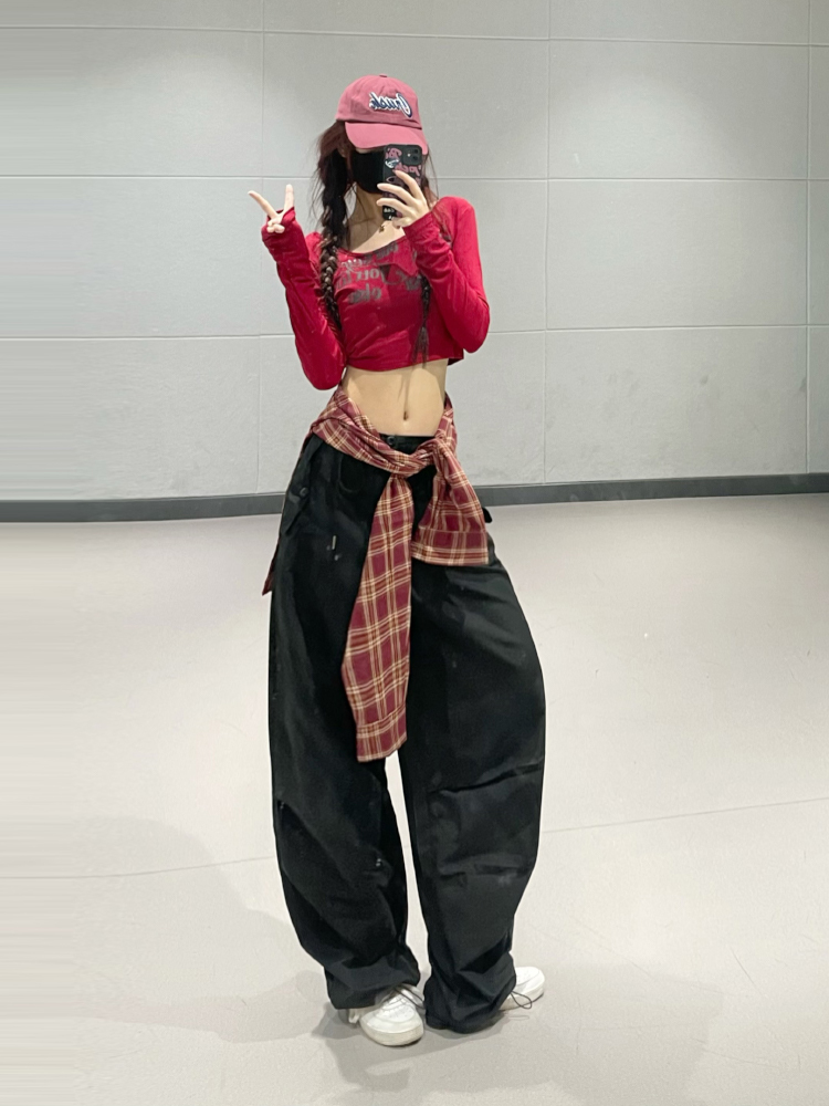 American Retro Wine Red Letter Print Long Sleeve T-Shirt - Women's Jazz Dance INS Style Short Top