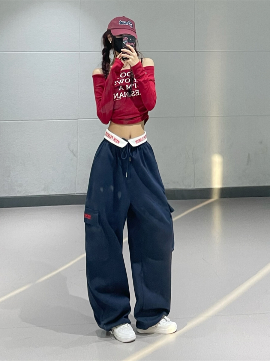 American Retro Women's Jazz Dance Outfit - Wine Red Top & Navy Blue Embroidered Sports Pants, Vintage Style American Retro Women's Jazz Dance Outfit - Wine Red Top & Navy Blue Embroidered Sports Pants, Vintage Style